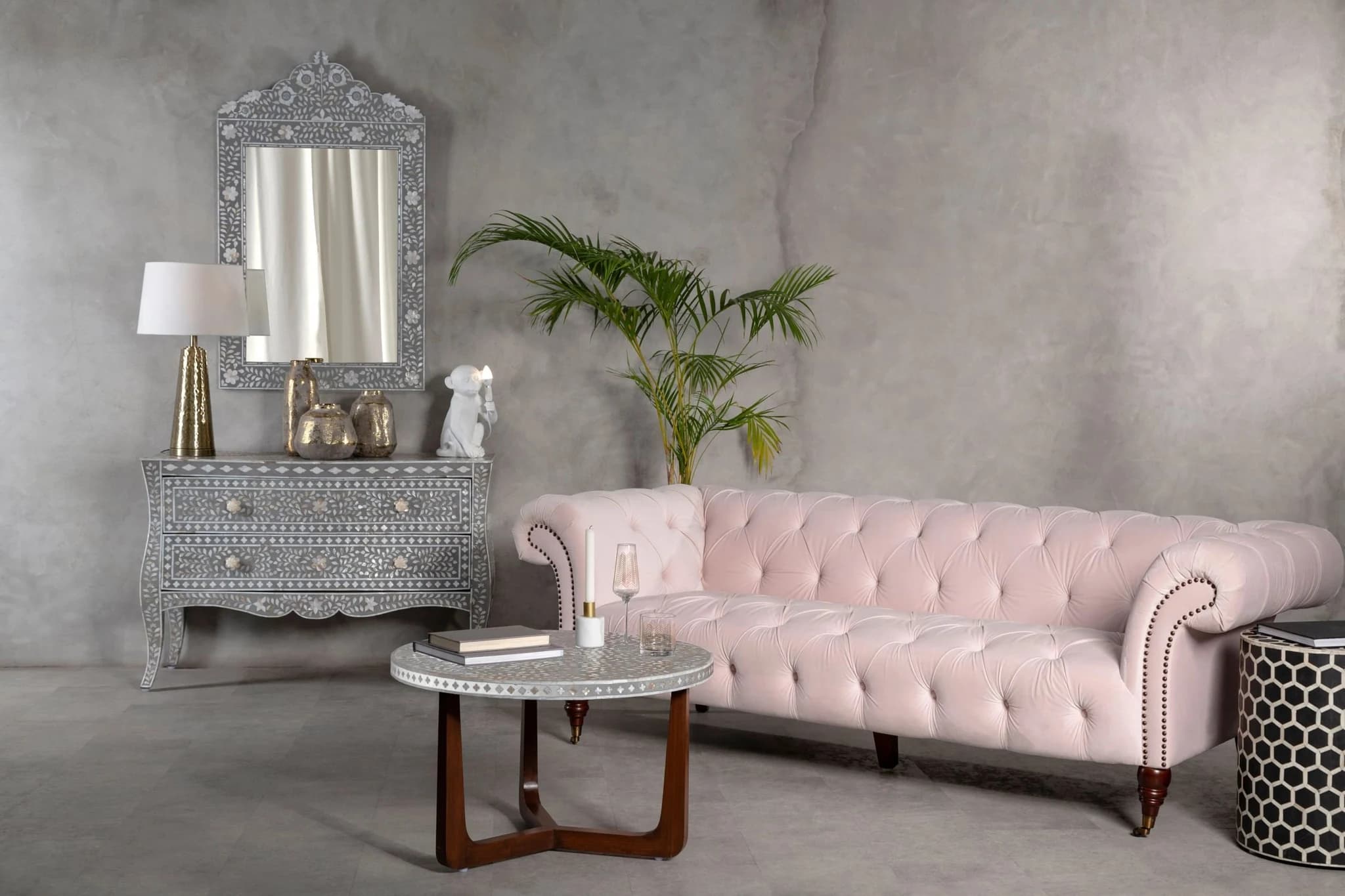 Suri 3 Seat Pale Pink Velvet Modern Chesterfield Sofa - Seating, photo 7 of 8