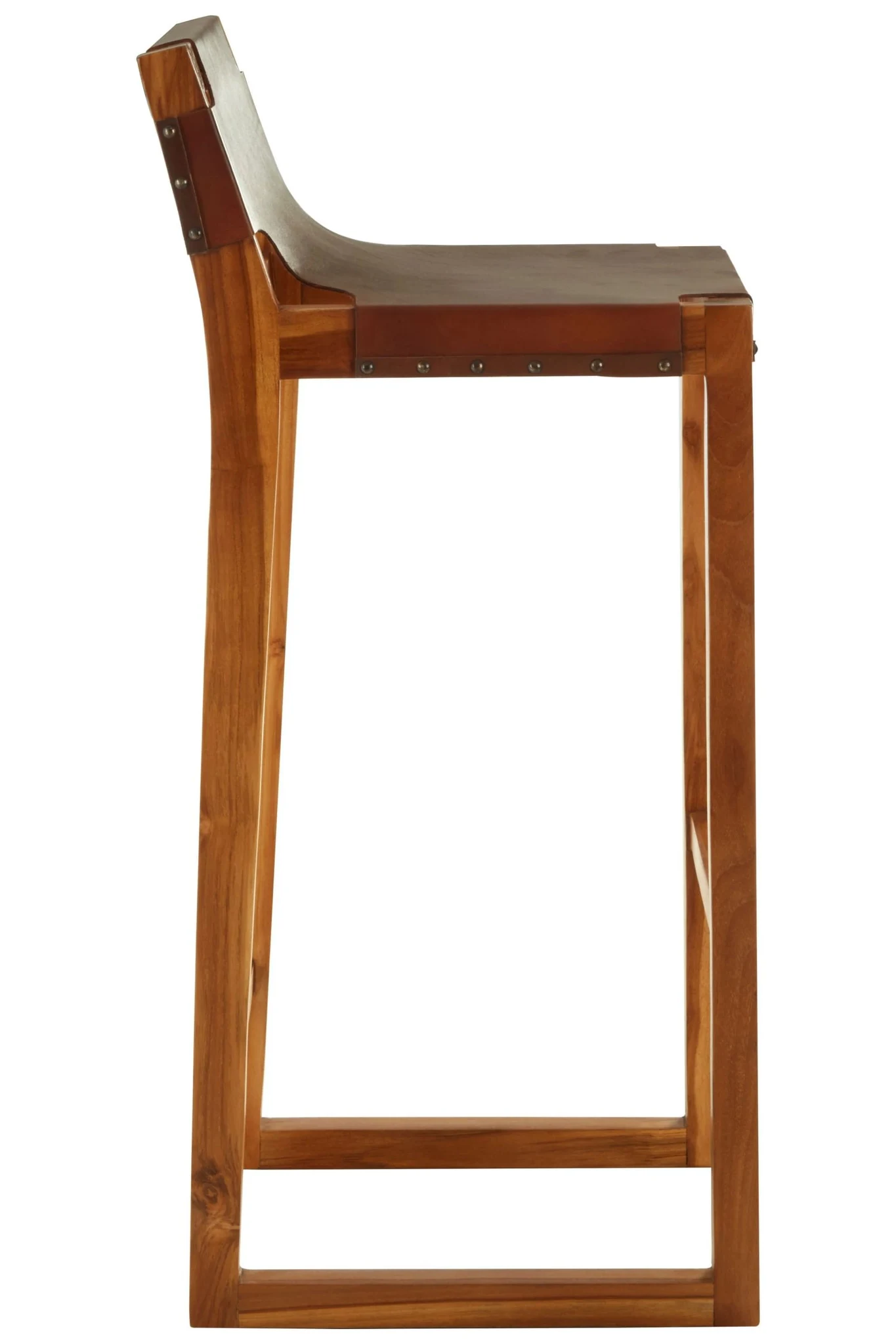 Kendari Brown Leather Bar Chair with Teak Wood Frame - Seating, photo 4 of 7