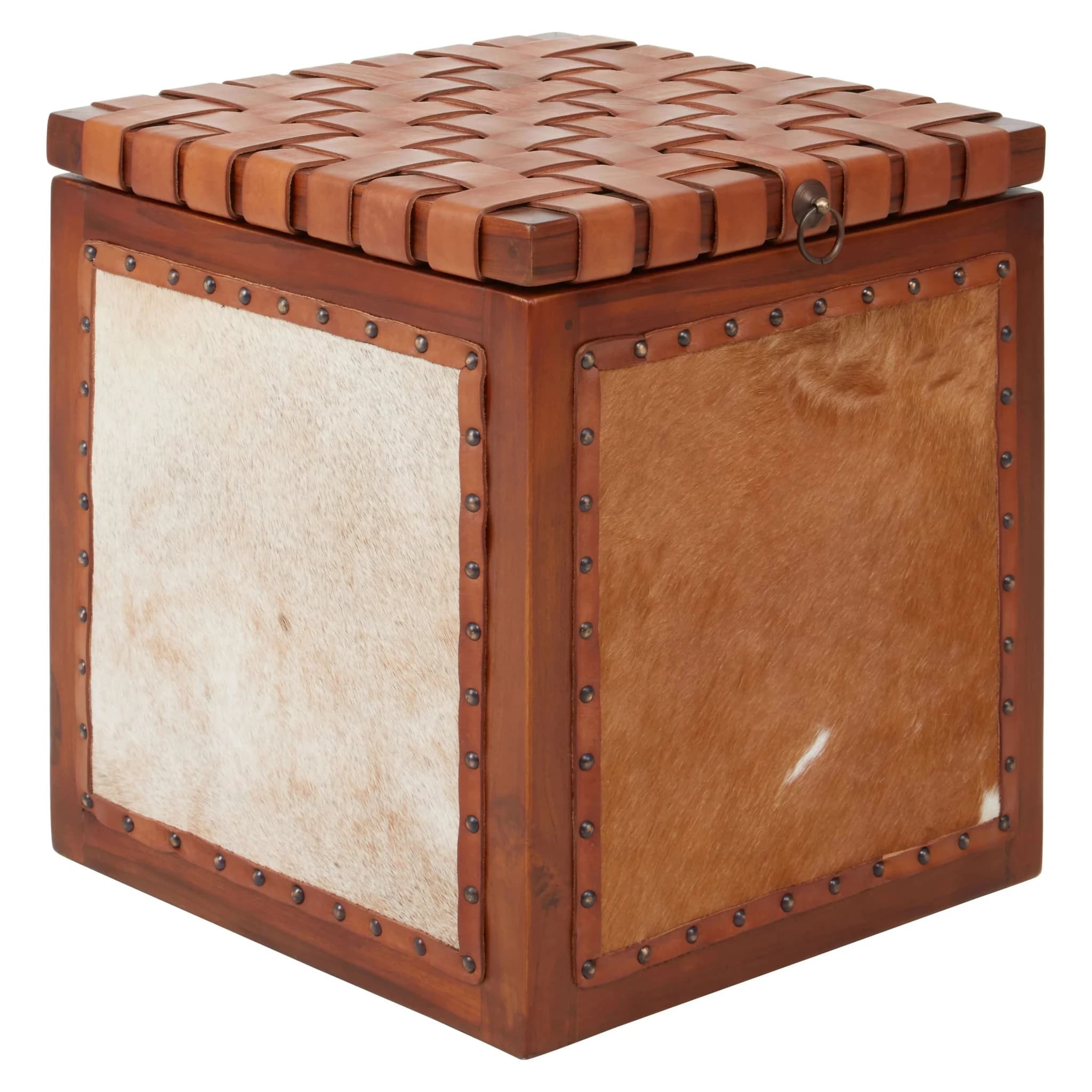 Kendari Tan Hair on Leather Storage Stool - Bookcases & shelving, photo 5 of 8