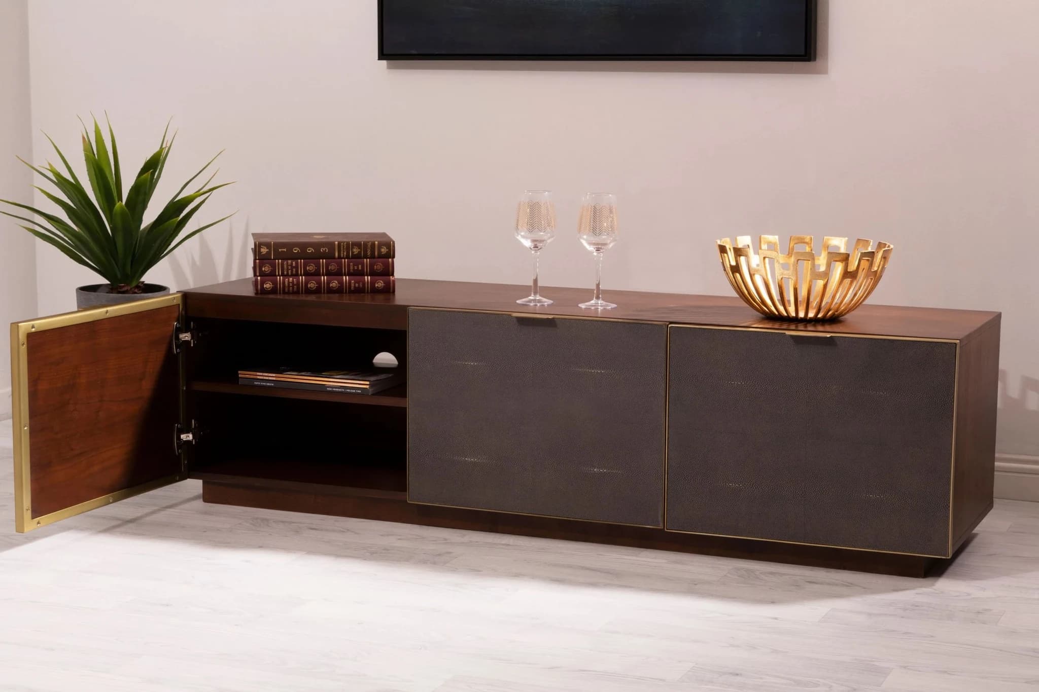 Kempton Grey Shagreen Effect and Walnut Veneer Media Unit - Bookcases & shelving, photo 2 of 8