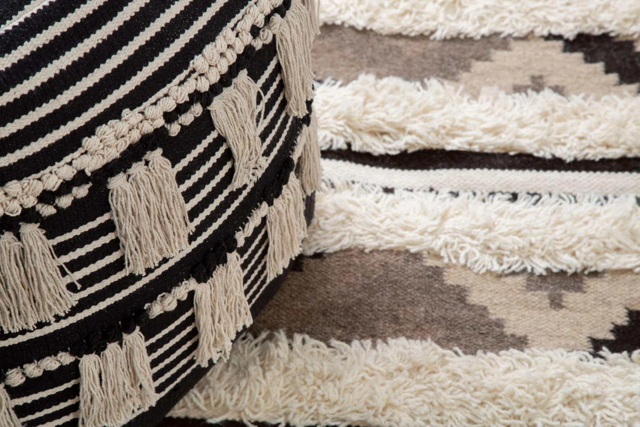 Cefena Black and White Shaggy Pouffe - Decorative, photo 2 of 6