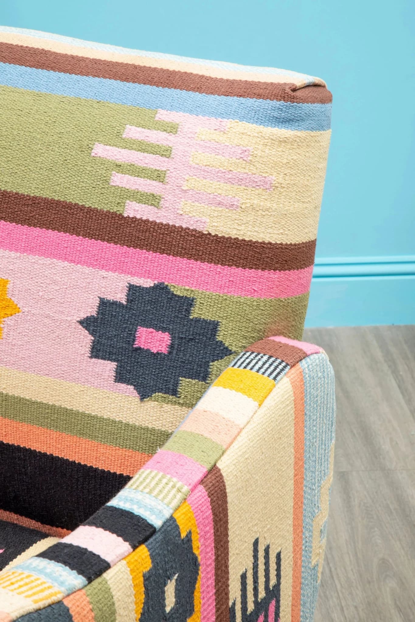 Cefena Multi Colour Kilim Style Fabric Chair With Mango Wood Legs - Seating, photo 2 of 8