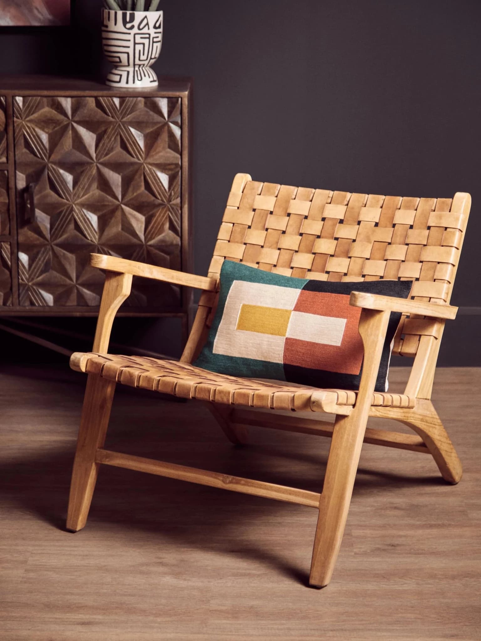 Inca Lattice Design Brown Leather Armchair - Seating, photo 4 of 8