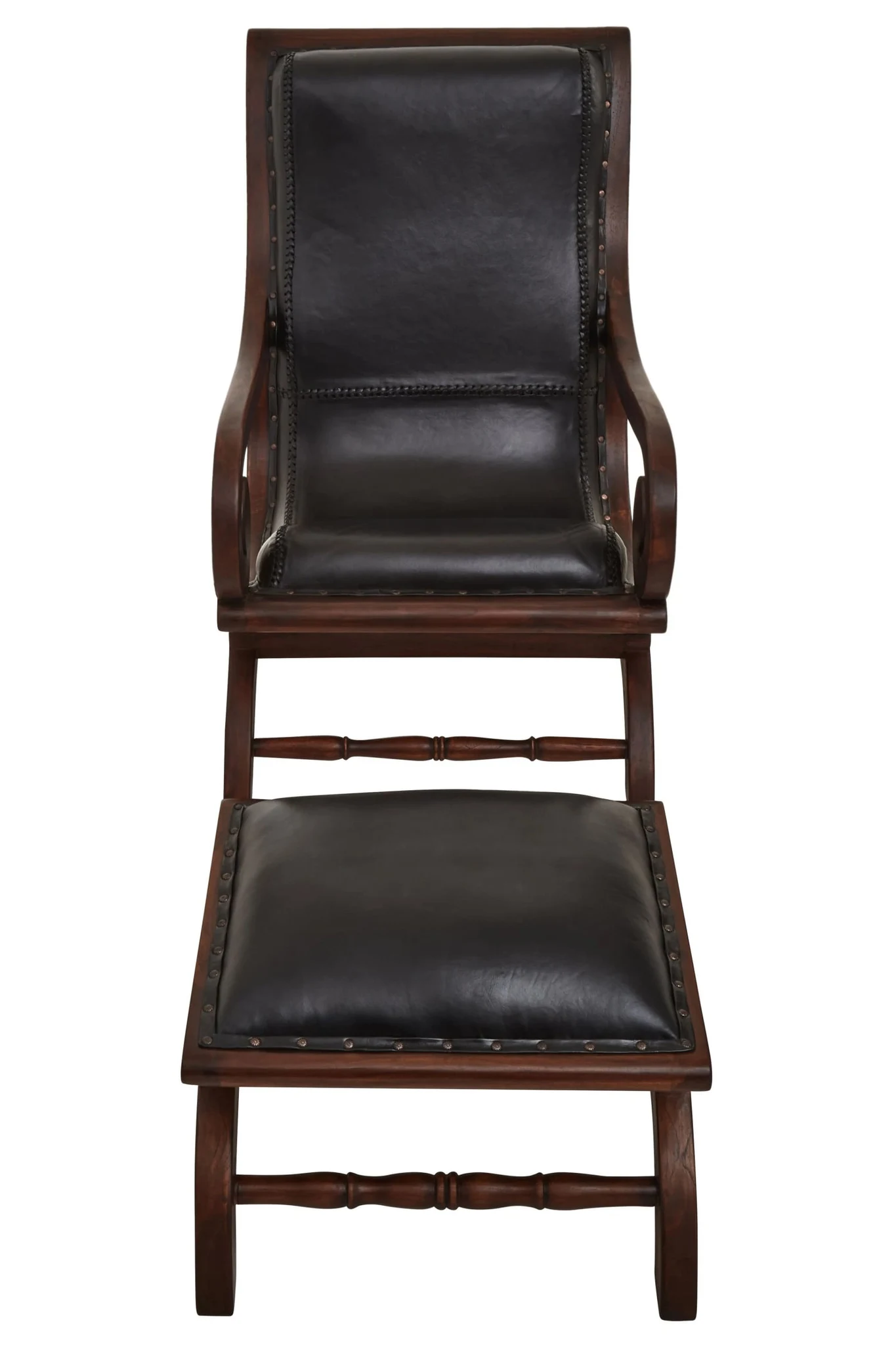 Inca Genuine Black Leather and Teak Lounge Chair with Footstool - Seating, photo 4 of 8