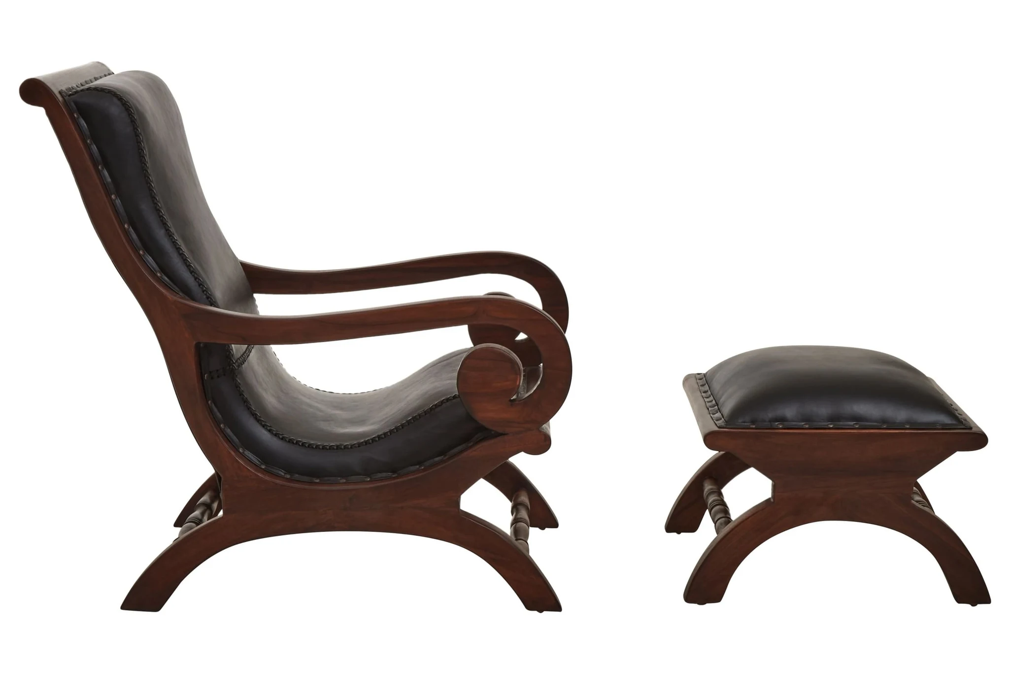 Inca Genuine Black Leather and Teak Lounge Chair with Footstool - Seating, photo 3 of 8