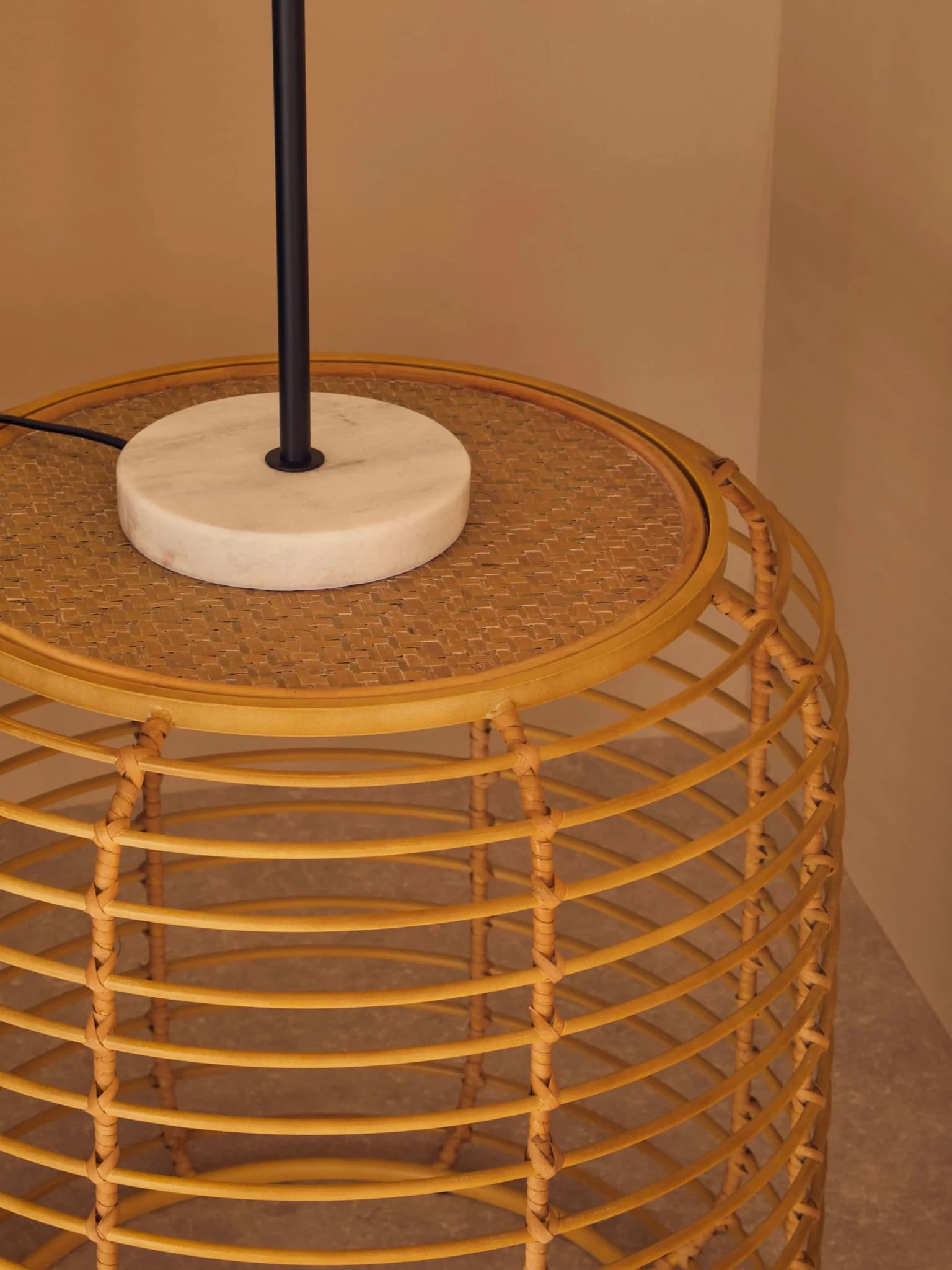 Trento Round Rattan and Antique Gold Finish Side Table - Tables, photo 2 of 6