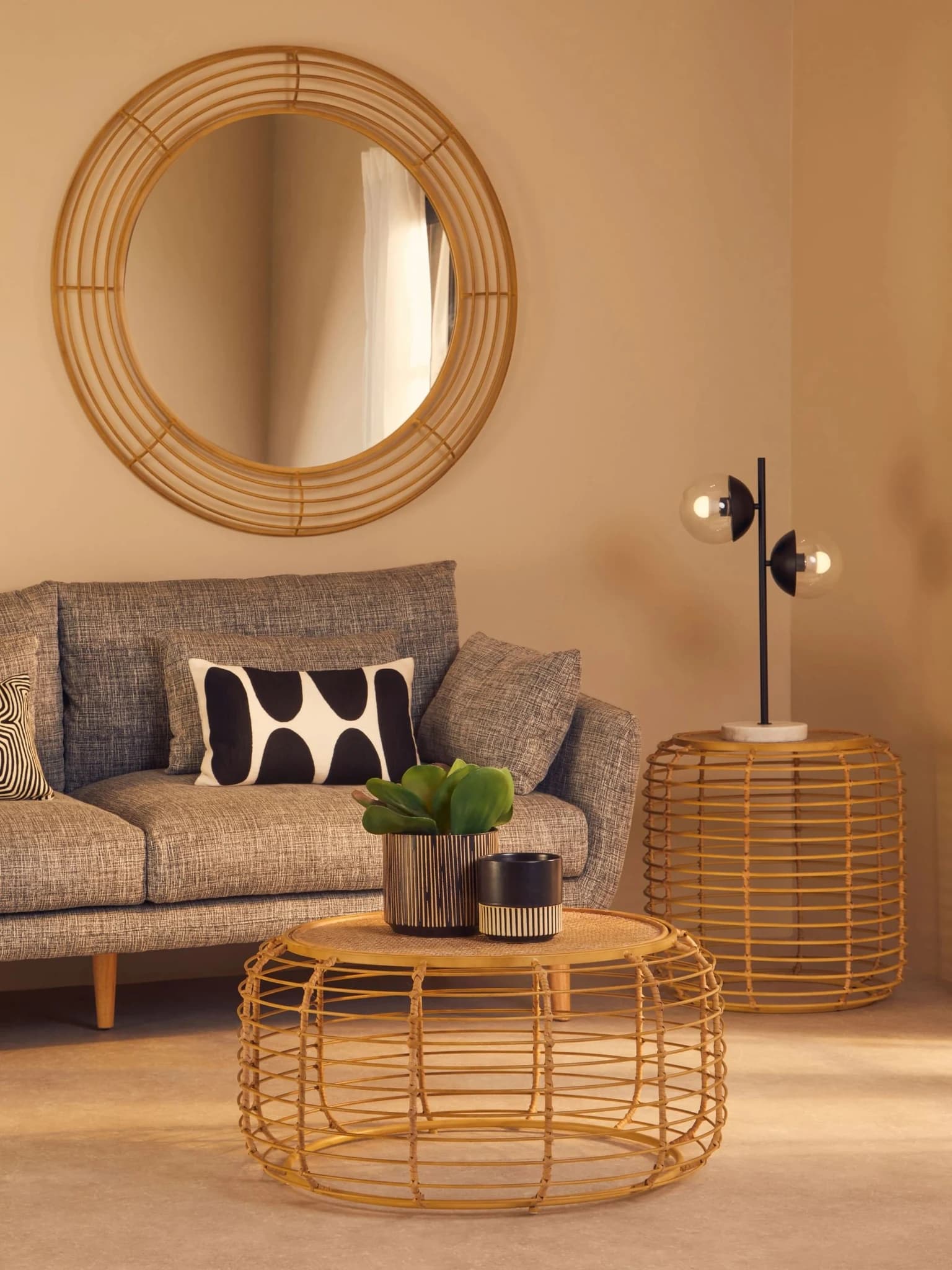 Trento Round Rattan and Antique Gold Finish Coffee Table - Tables, photo 3 of 6