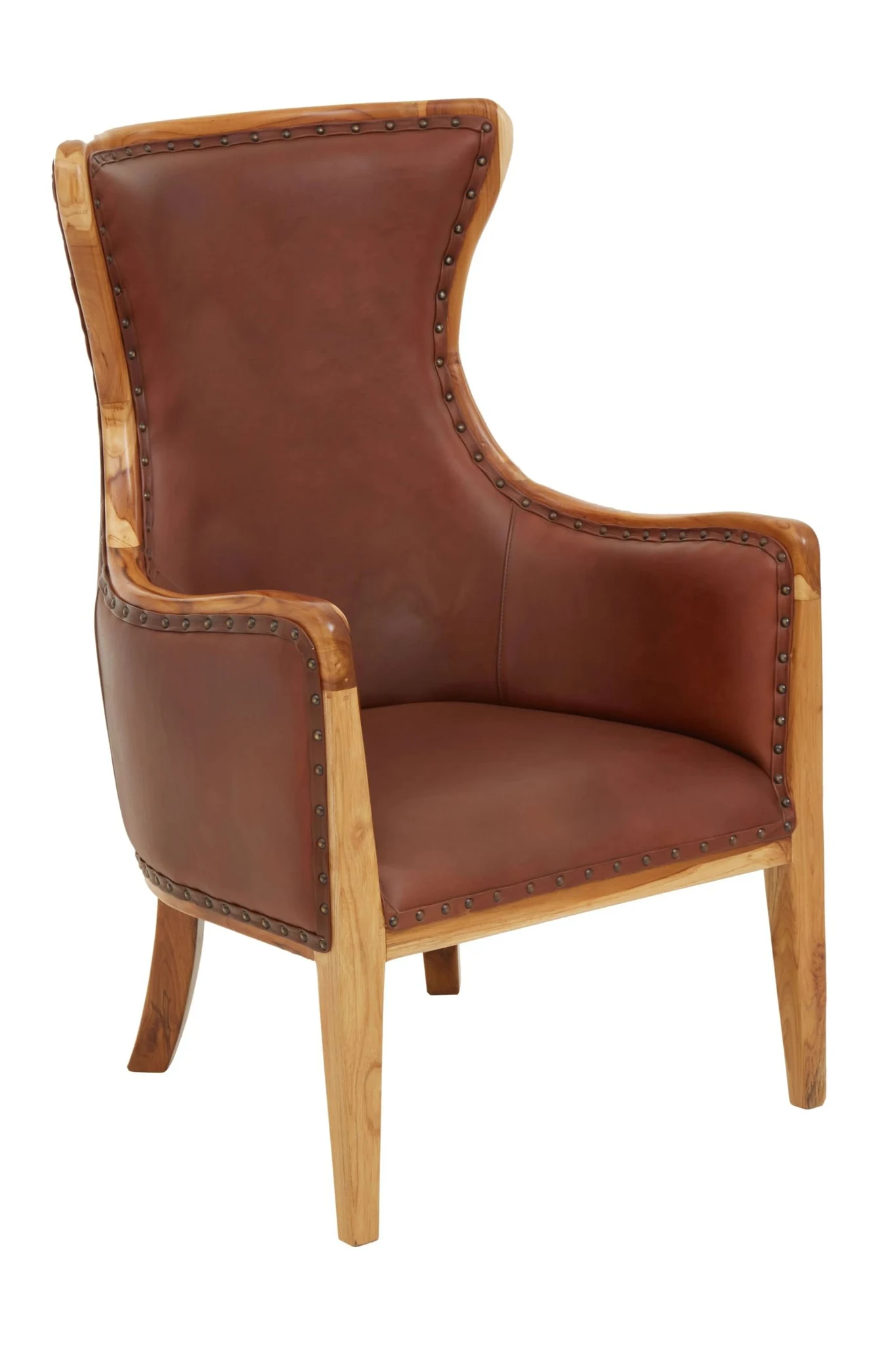 Kendari Brown Leather and Teak Wood Frame Studded Chair - Seating, photo 4 of 8