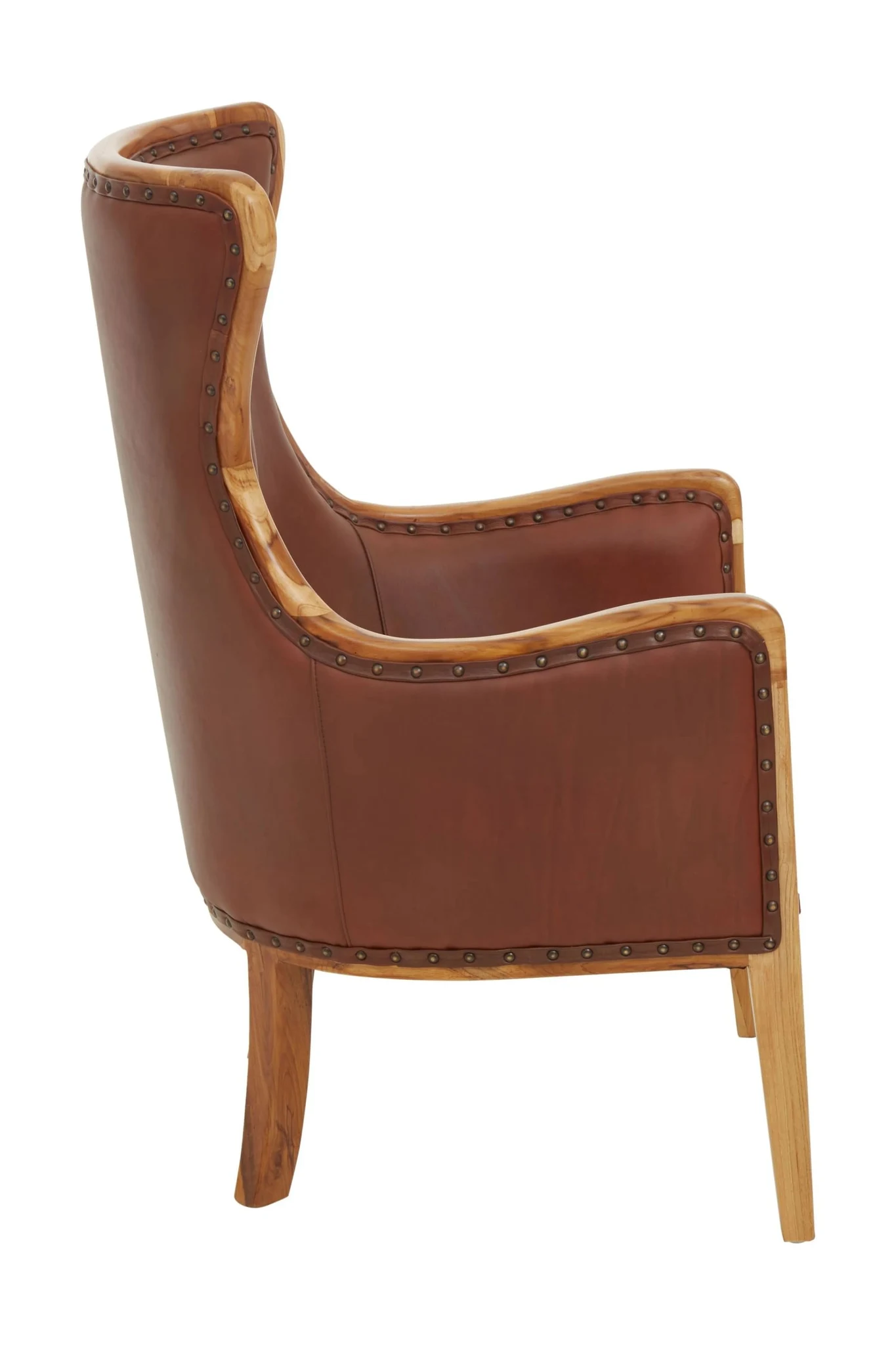 Kendari Brown Leather and Teak Wood Frame Studded Chair - Seating, photo 3 of 8