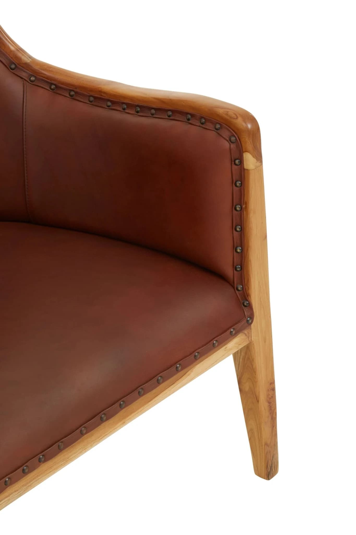 Kendari Brown Leather and Teak Wood Frame Studded Chair - Seating, photo 7 of 8