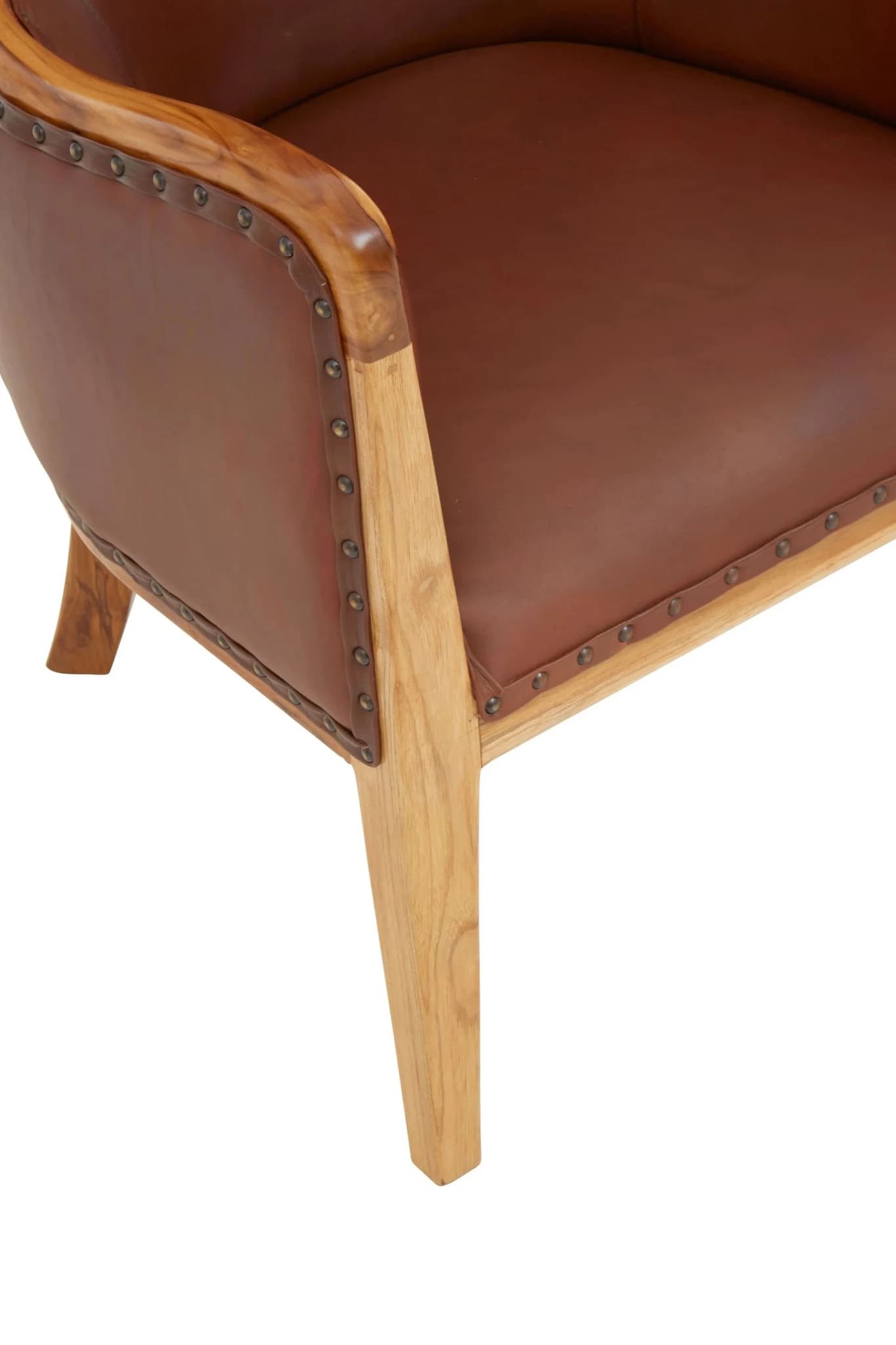Kendari Brown Leather and Teak Wood Frame Studded Chair - Seating, photo 5 of 8