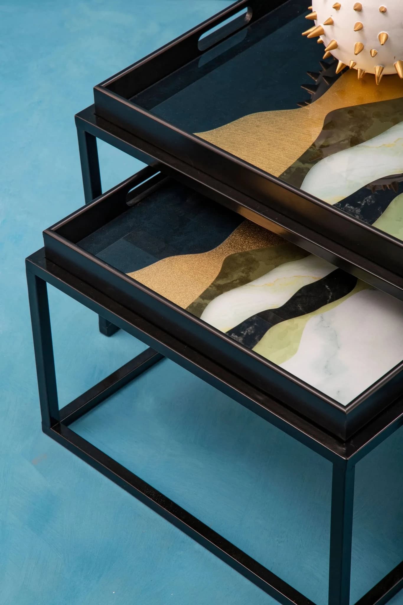 Celina Set Of 2 Abstract Paint Design Nesting Tray Tables - Tables, photo 3 of 8