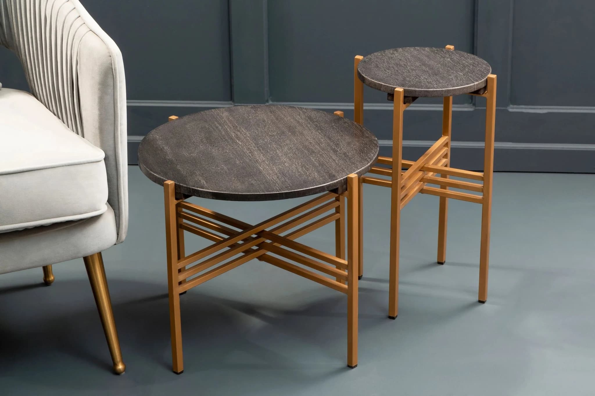 Varana Set of 2 Black Marble Top Round Side Table - Tables, photo 3 of 8