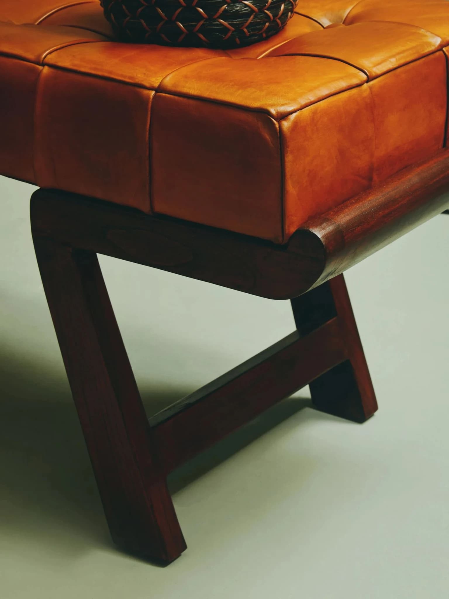 Inca Brown Leather Bench with Cedar Wood Angular Base - Seating, photo 6 of 8