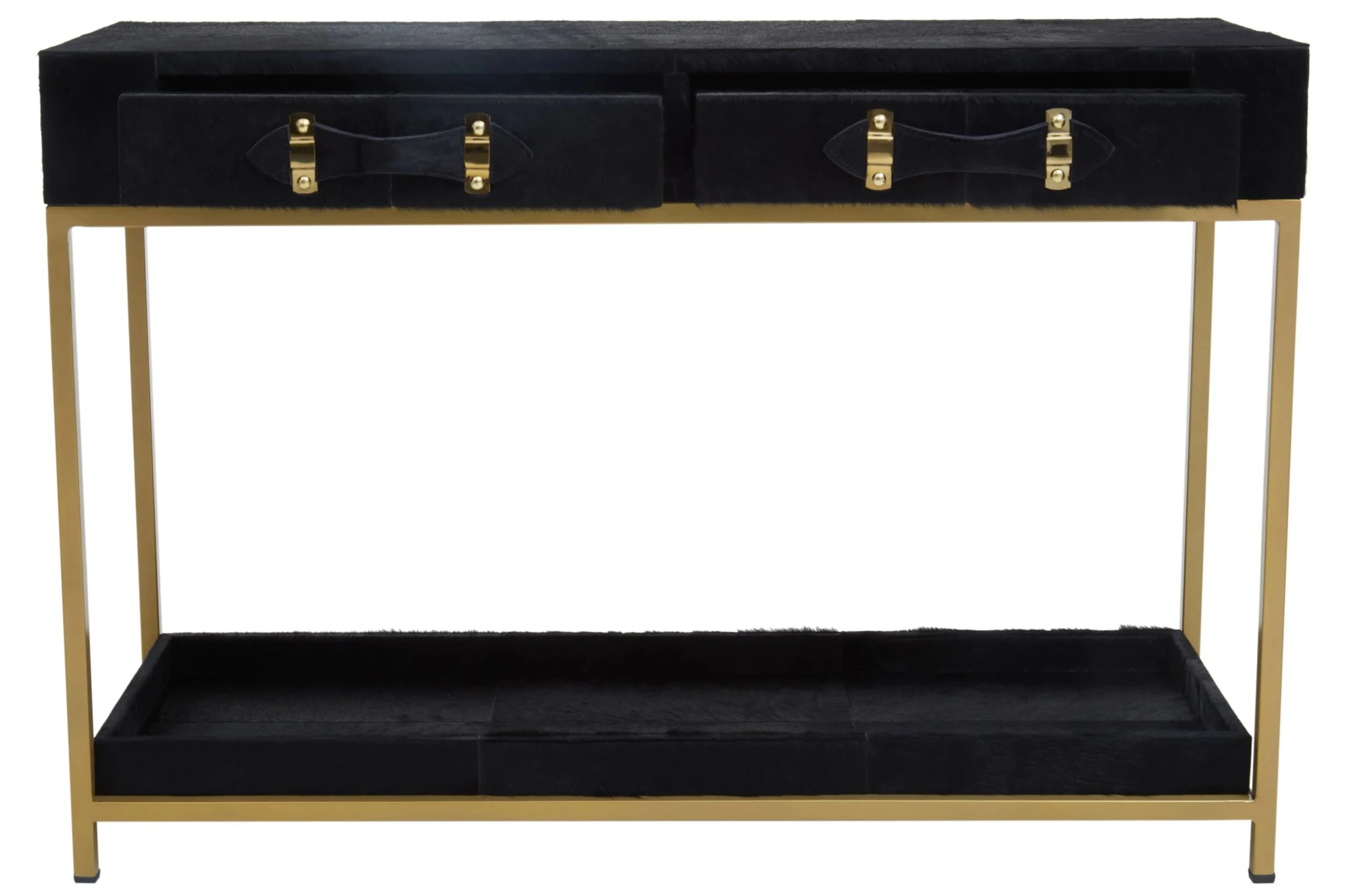 Kensington Townhouse Gold and Black Hair on Leather Two Drawer Console Table - Tables, photo 5 of 8