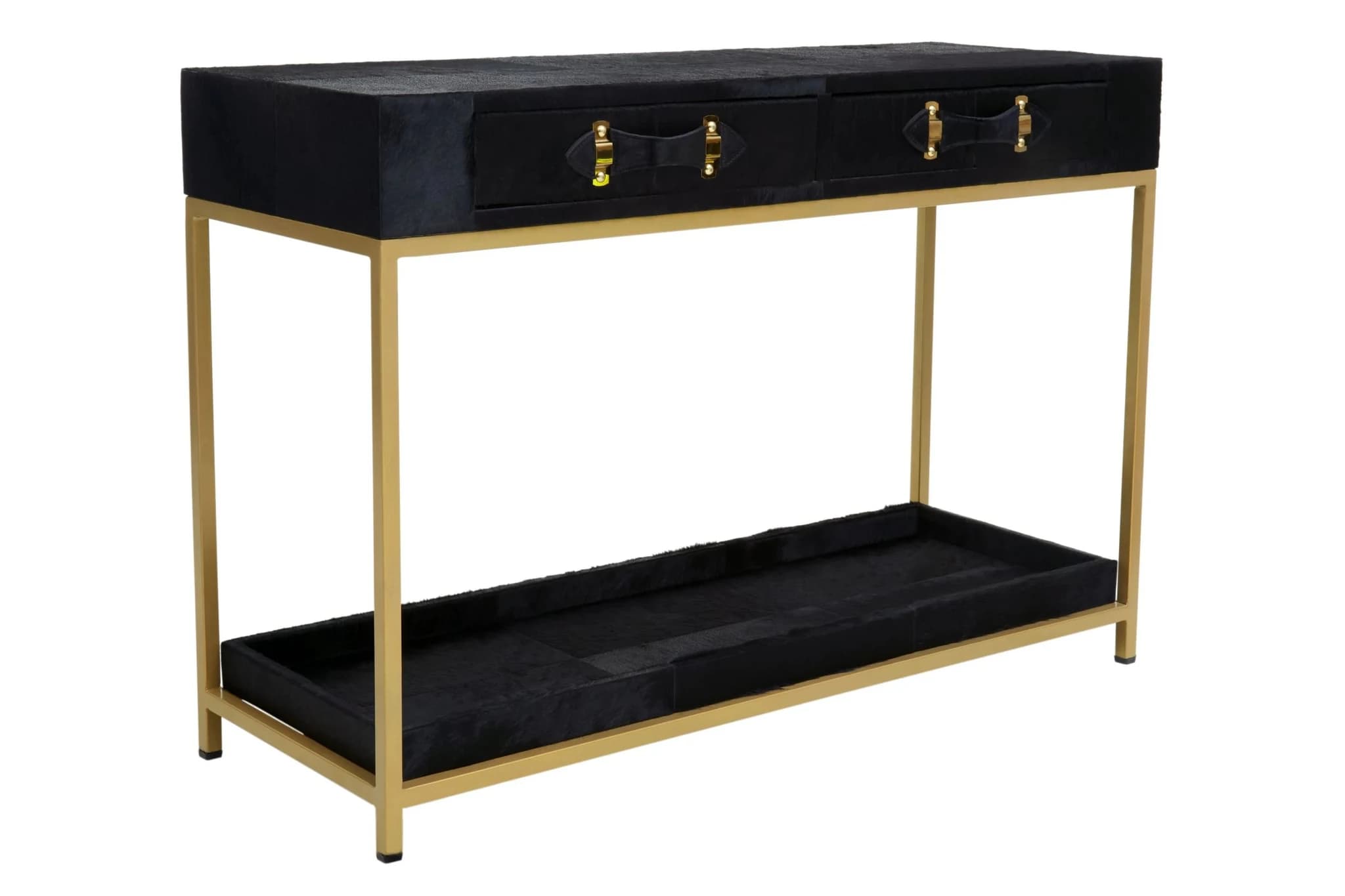 Kensington Townhouse Gold and Black Hair on Leather Two Drawer Console Table - Tables, photo 4 of 8