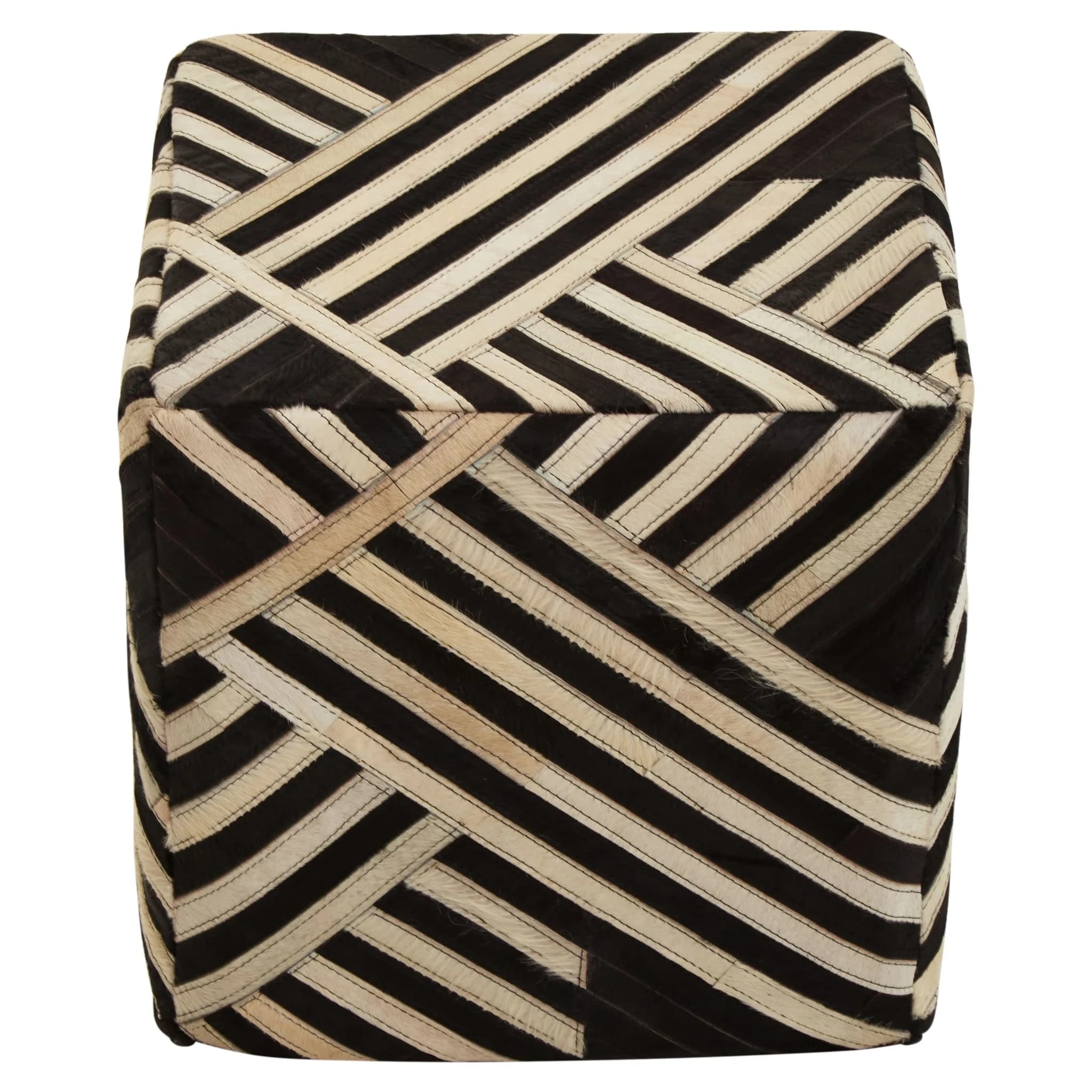 Bosie Safira Black And White Stripe Hair on Leather Pouffe - Decorative, photo 4 of 7