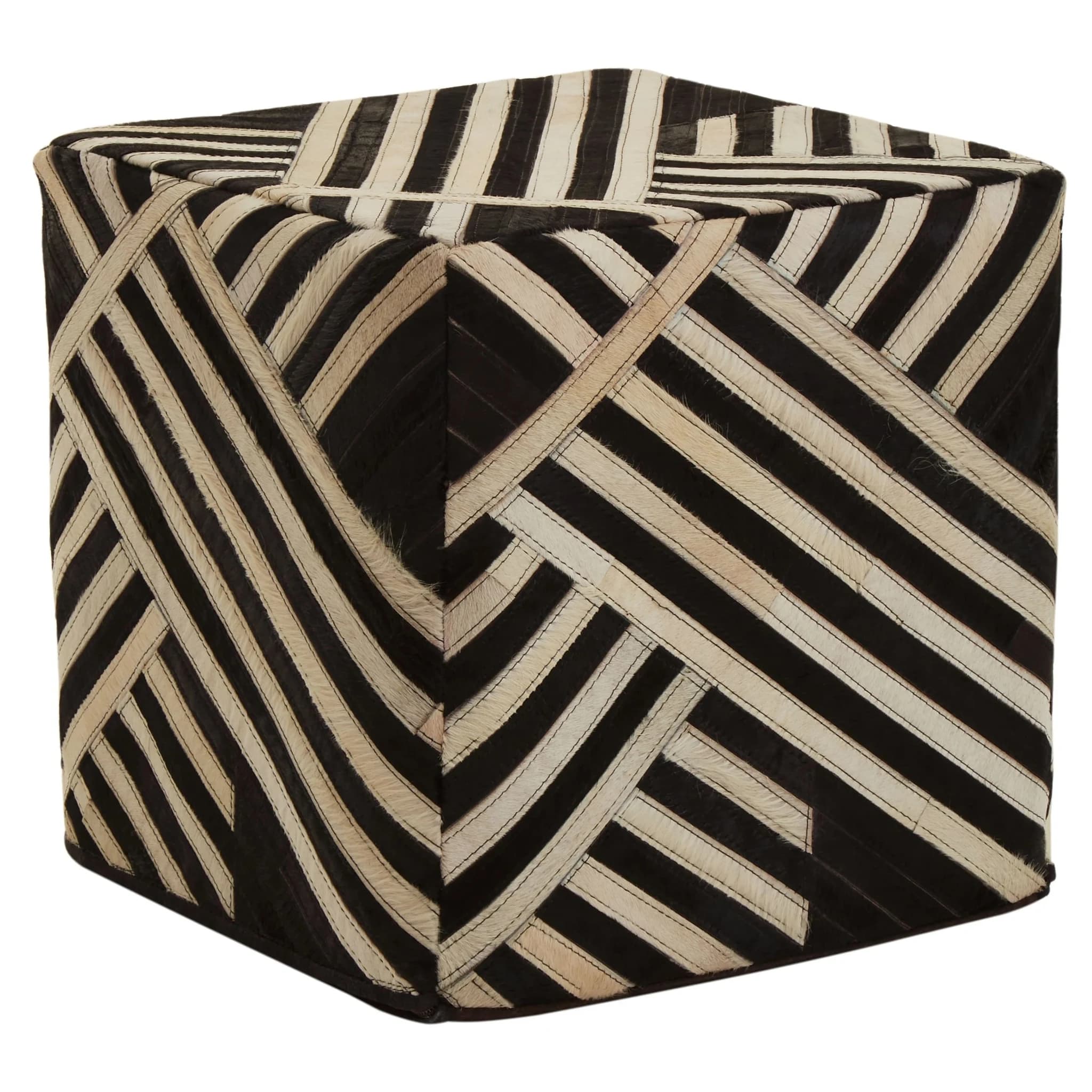 Bosie Safira Black And White Stripe Hair on Leather Pouffe - Decorative, photo 3 of 7