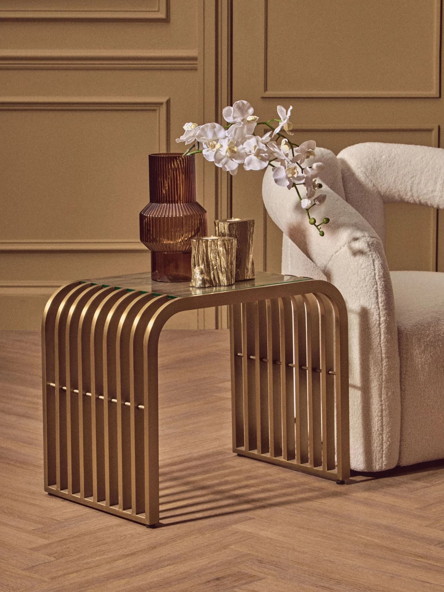 Vogue Glass Top and Matt Gold Slatted Side Table - Tables, photo 6 of 8
