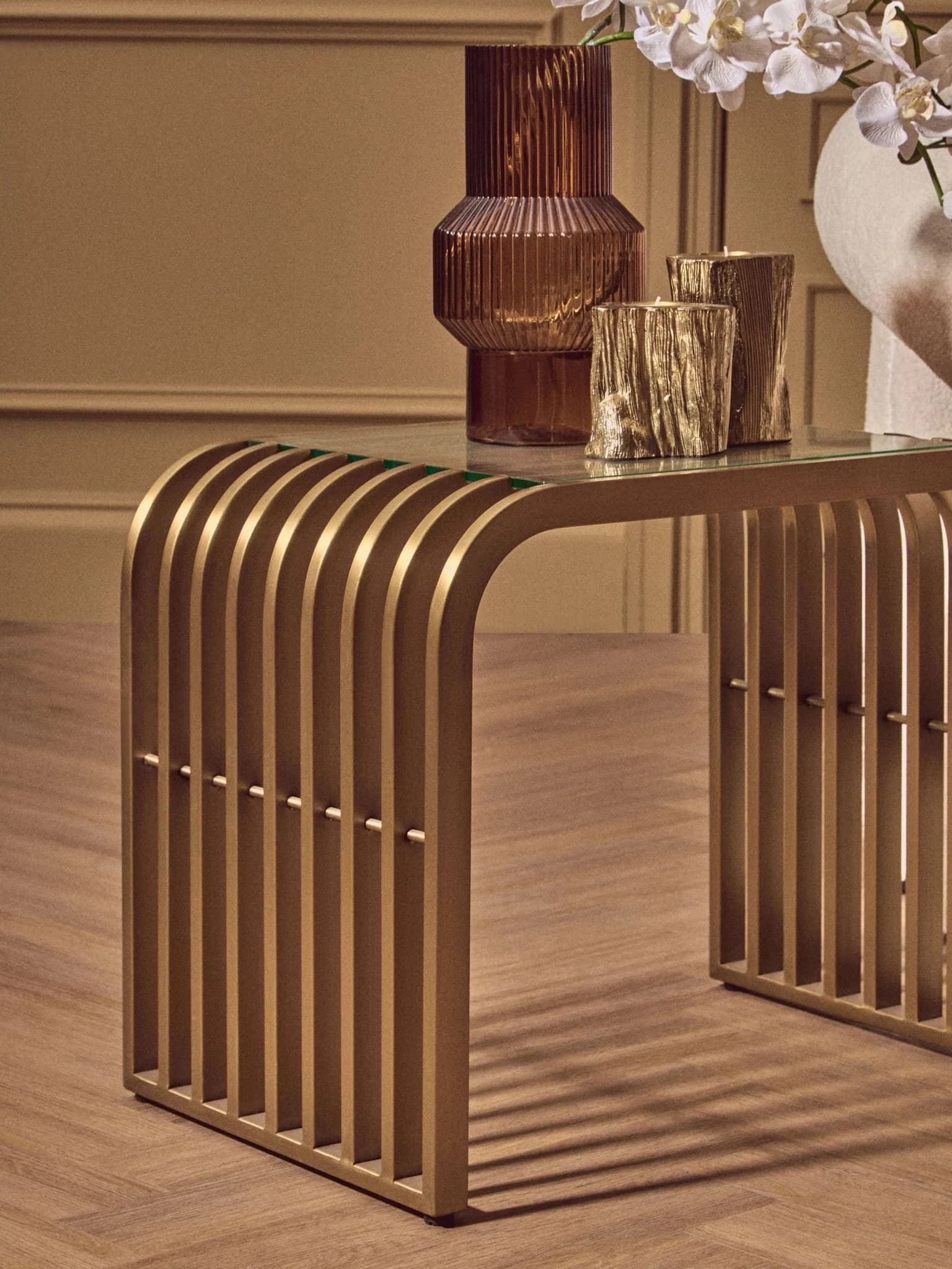 Vogue Glass Top and Matt Gold Slatted Side Table - Tables, photo 5 of 8