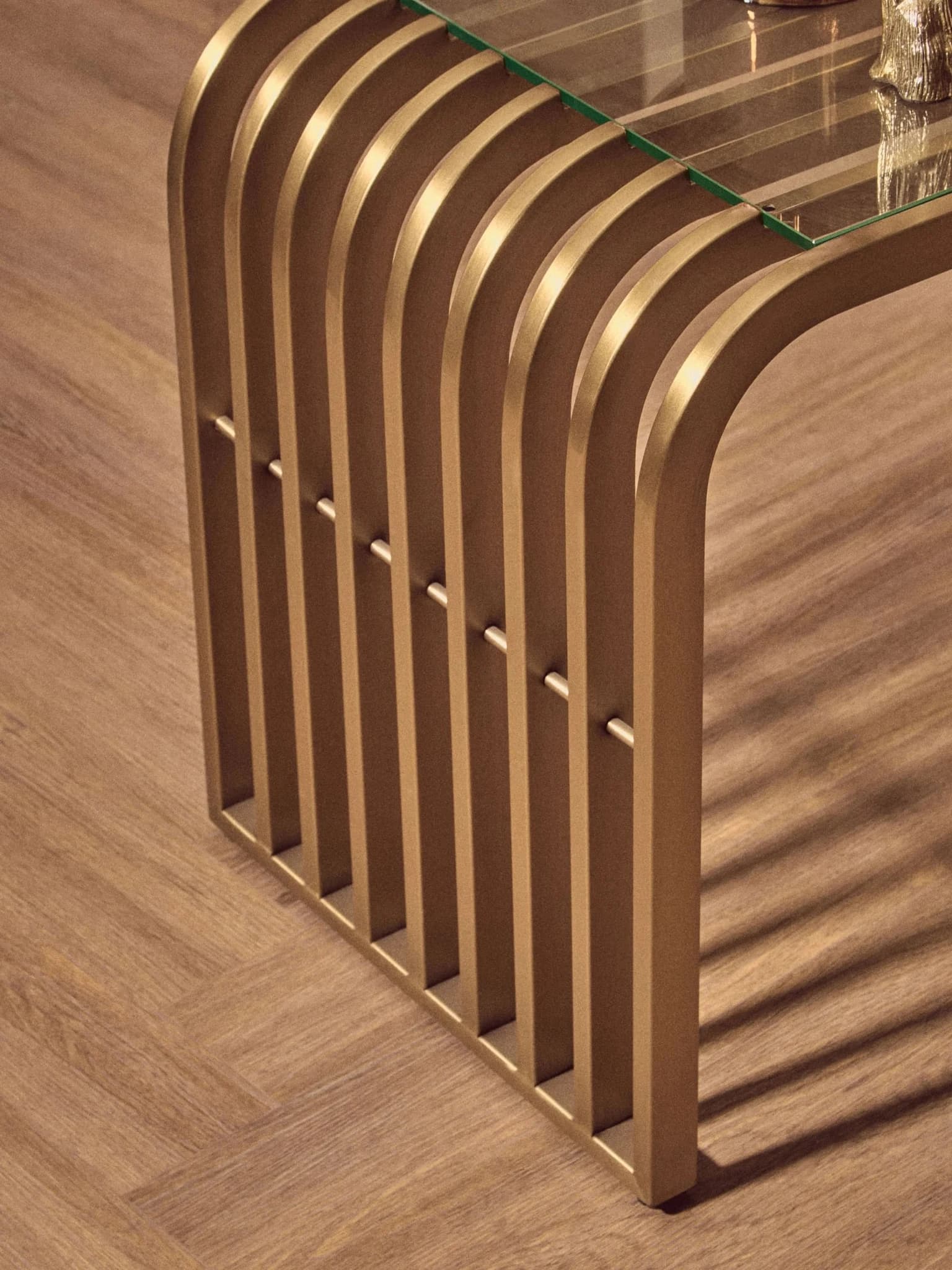 Vogue Glass Top and Matt Gold Slatted Side Table - Tables, photo 4 of 8