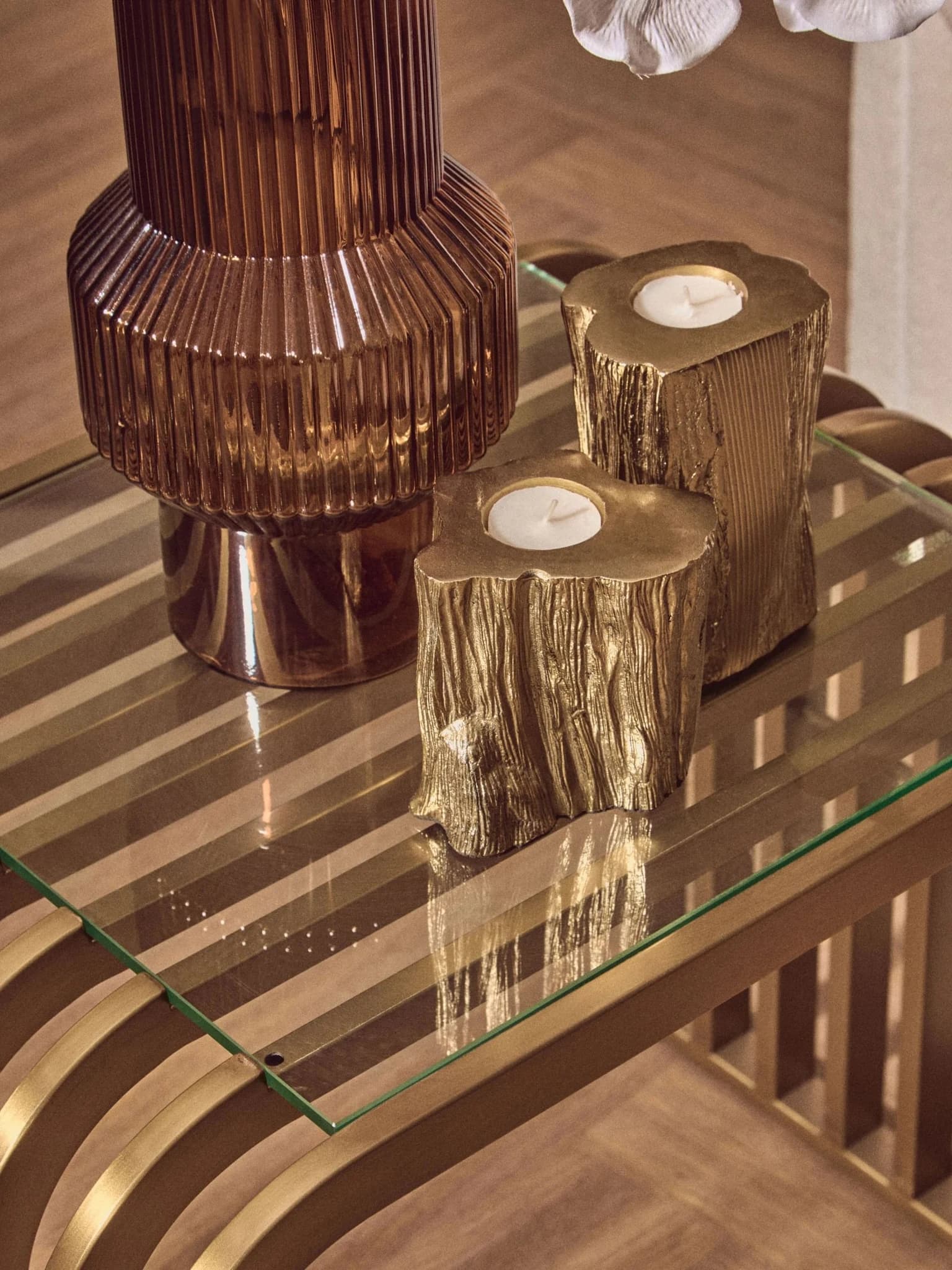 Vogue Glass Top and Matt Gold Slatted Side Table - Tables, photo 3 of 8
