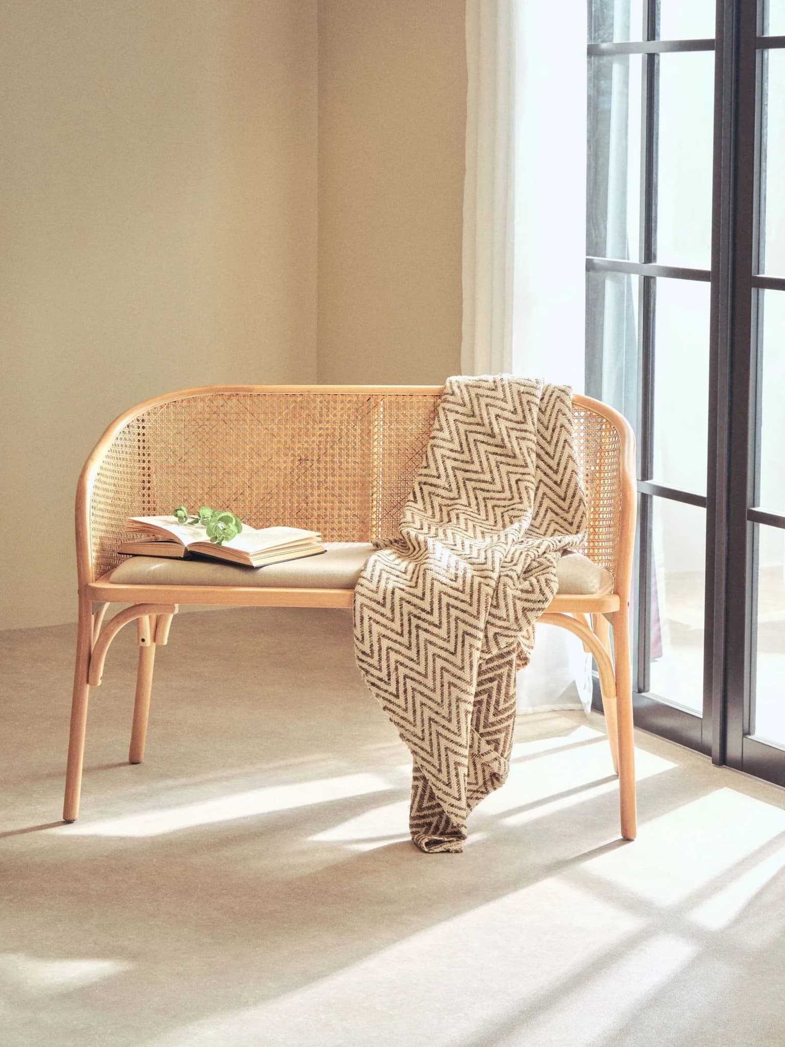 Cebu Natural Cane and Beech Wood Bench with Backrest - Seating, photo 5 of 8