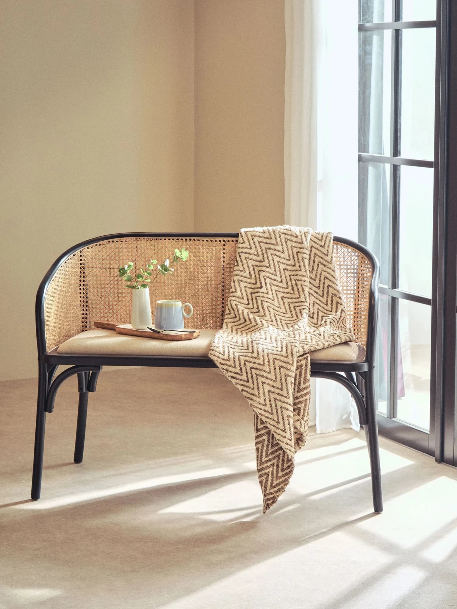 Cebu Natural Cane Bench with Black Beech Wood Frame - Seating, photo 5 of 8