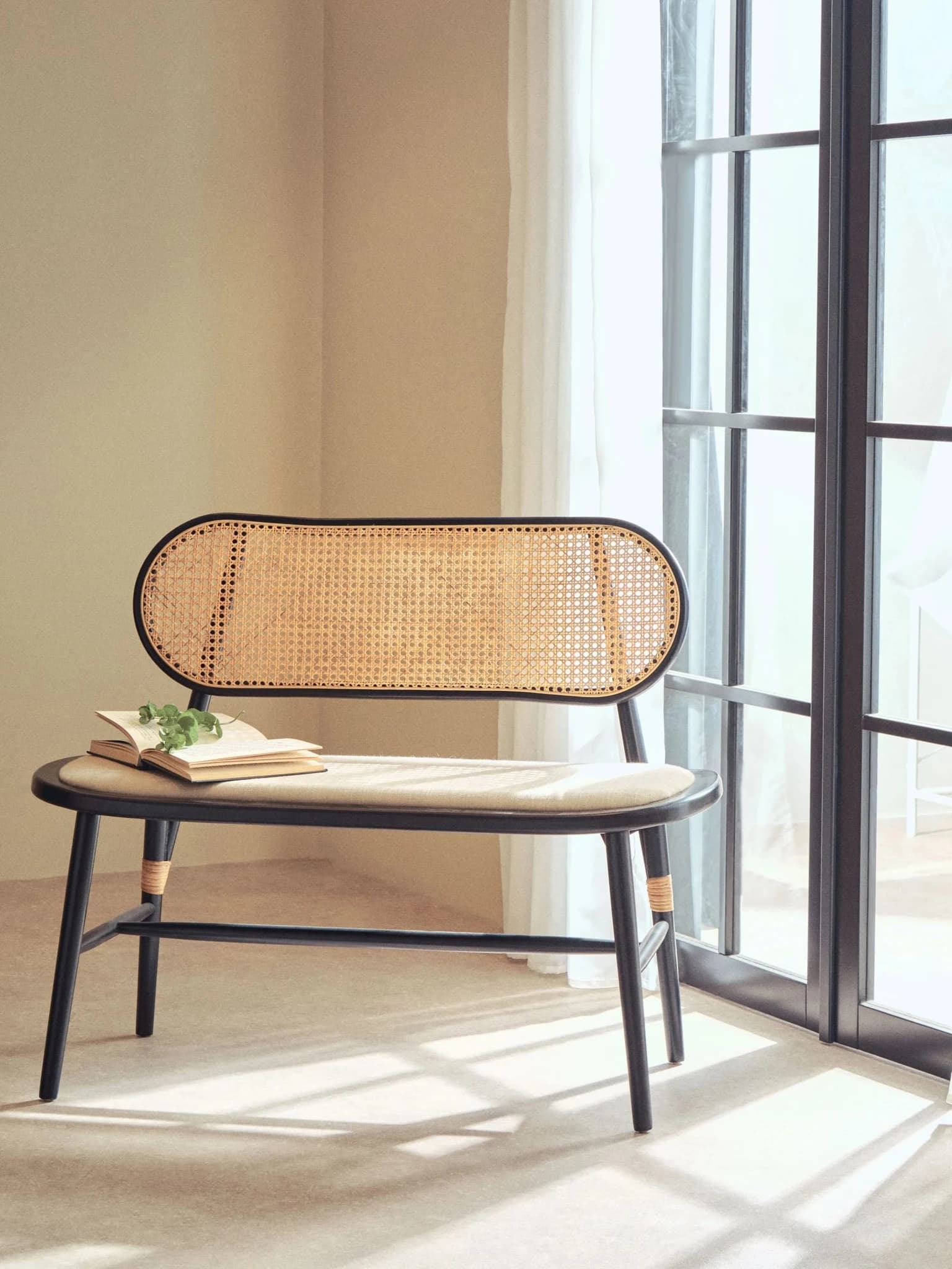 Cebu Natural Cane Bench with Black Elm Wood Frame - Seating, photo 4 of 8