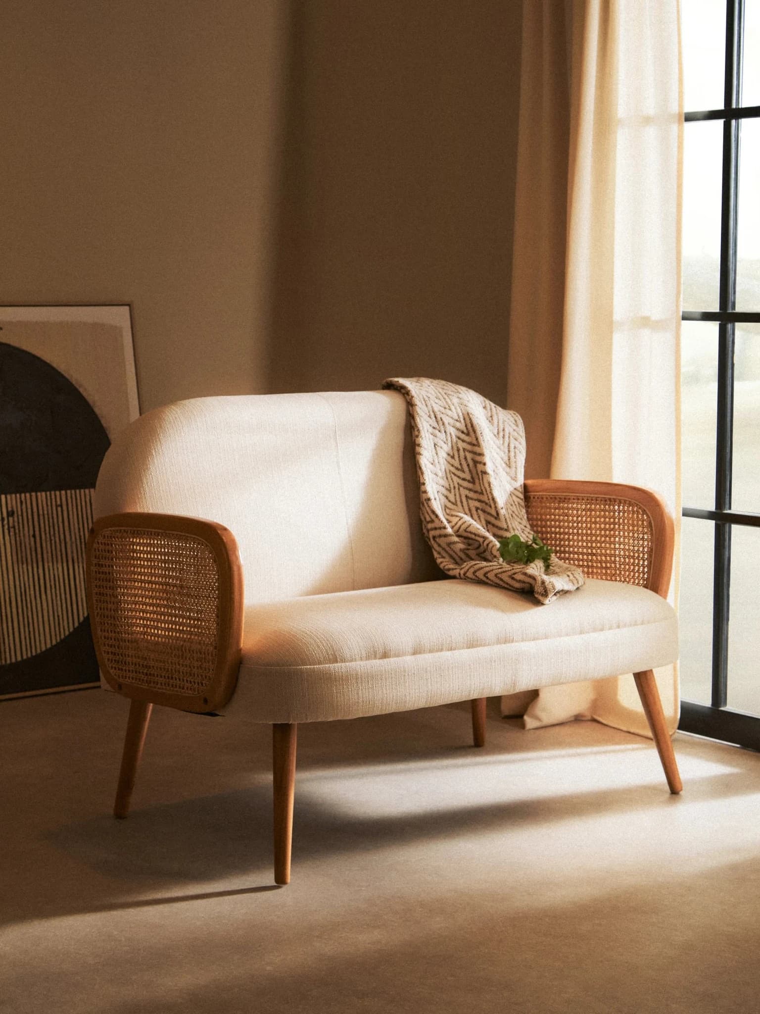 Cebu Ivory Fabric and Cane 2 Seat Sofa with Elm Wood Legs - Seating, photo 5 of 8