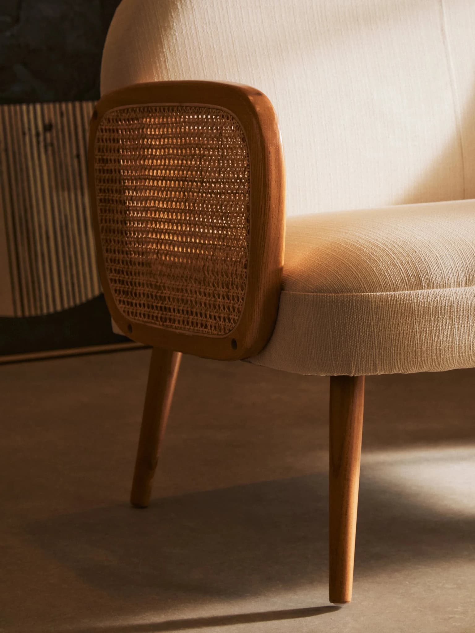 Cebu Ivory Fabric and Cane 2 Seat Sofa with Elm Wood Legs - Seating, photo 4 of 8
