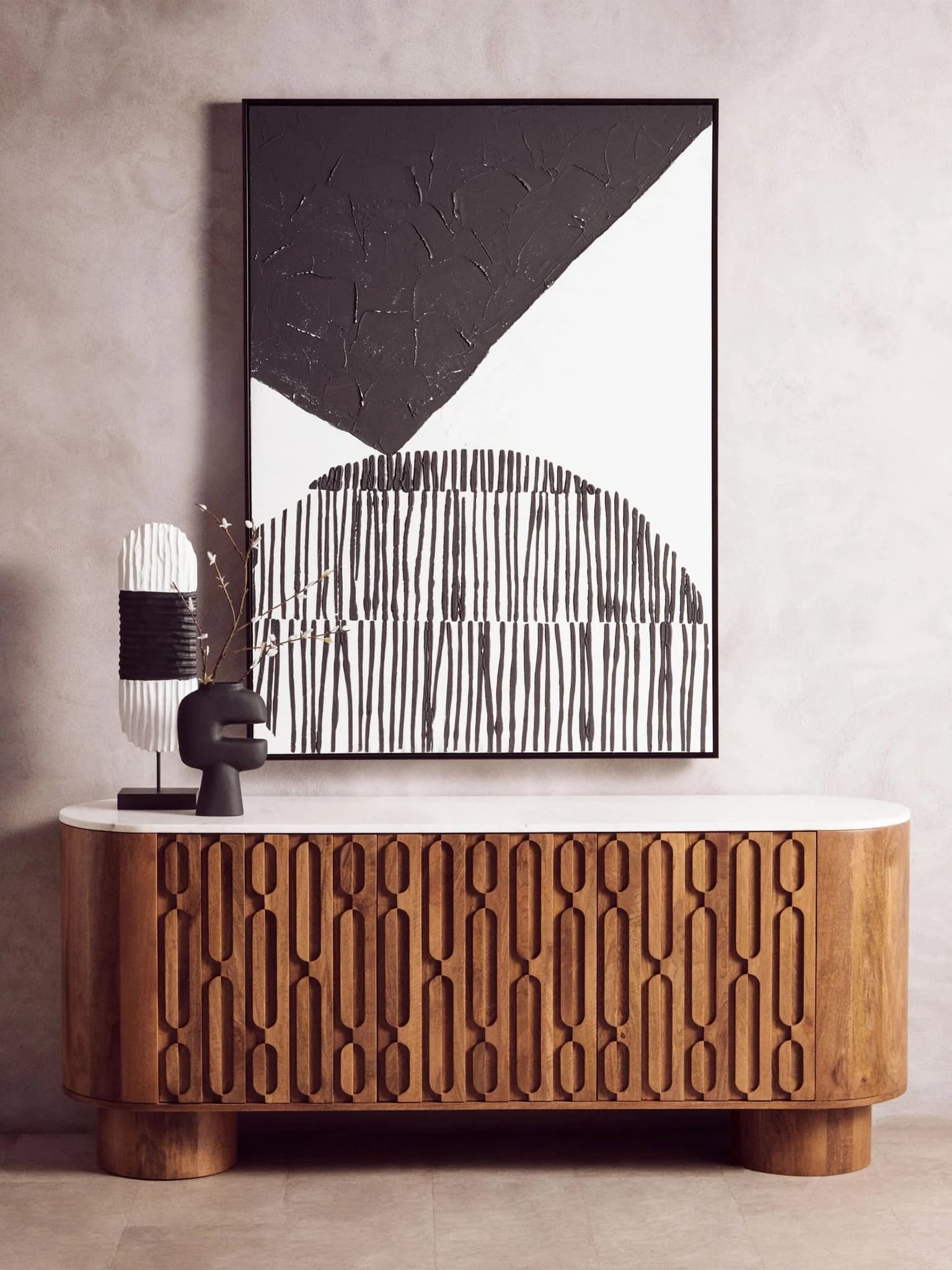 Torcino Mango Wood Carved Design Marble Top Three Door Sideboard - Bookcases & shelving, photo 7 of 8