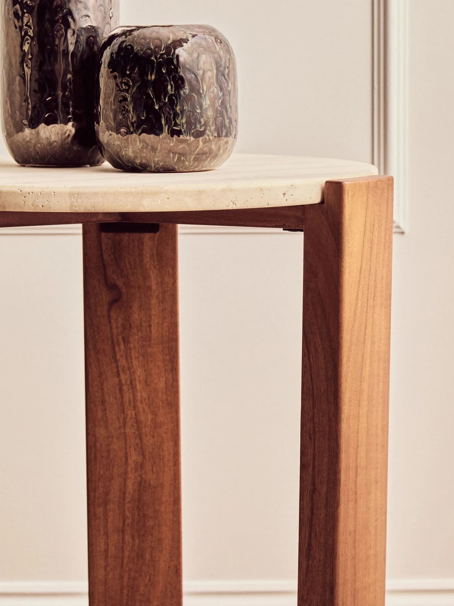 Palermo Travertine and Acacia Wood Side Table - Tables, photo 6 of 8