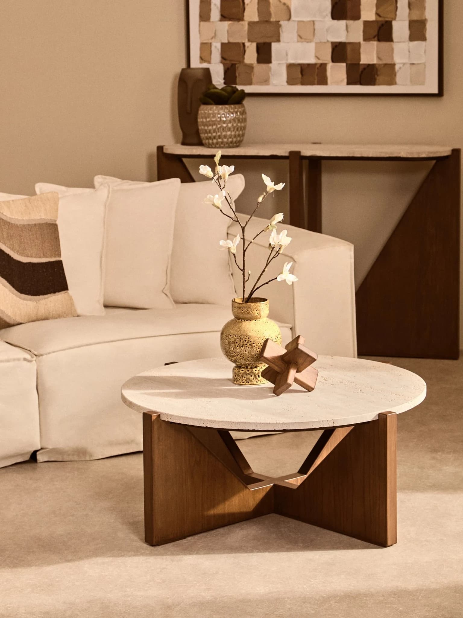 Winton Travertine Top Coffee Table With Acacia Wood Frame - Tables, photo 7 of 8