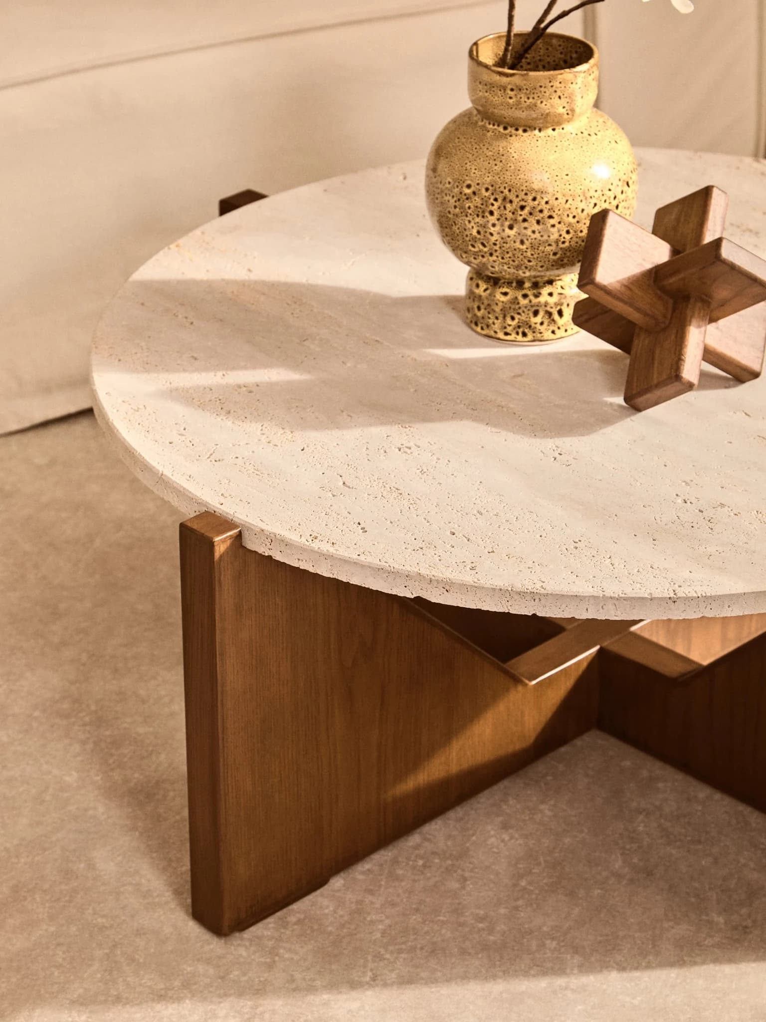 Winton Travertine Top Coffee Table With Acacia Wood Frame - Tables, photo 6 of 8