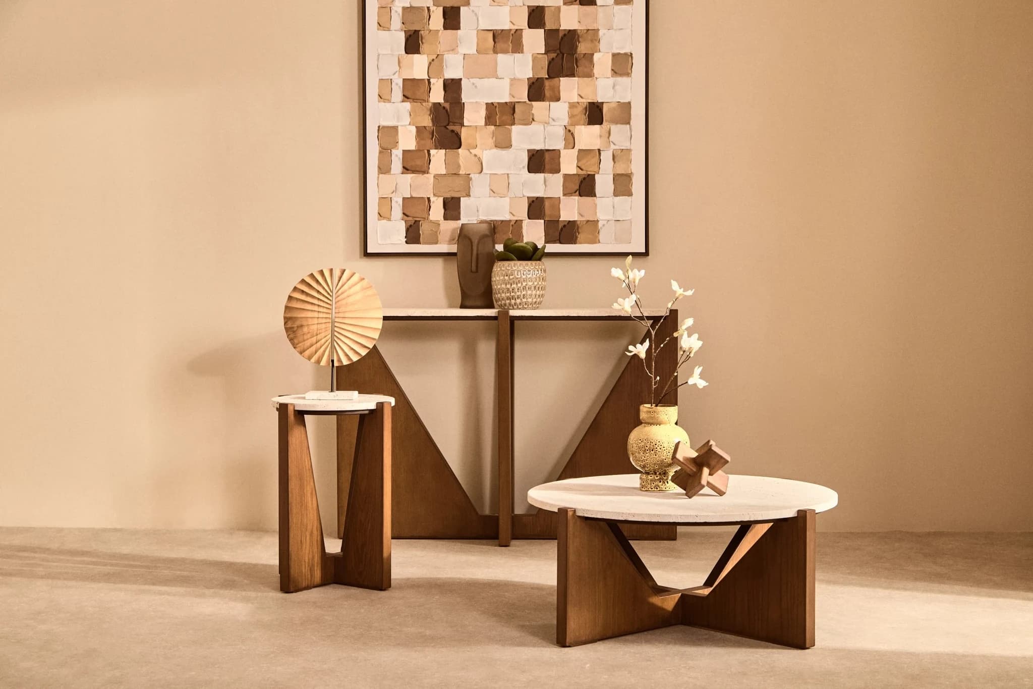 Winton Travertine Top Coffee Table With Acacia Wood Frame - Tables, photo 4 of 8