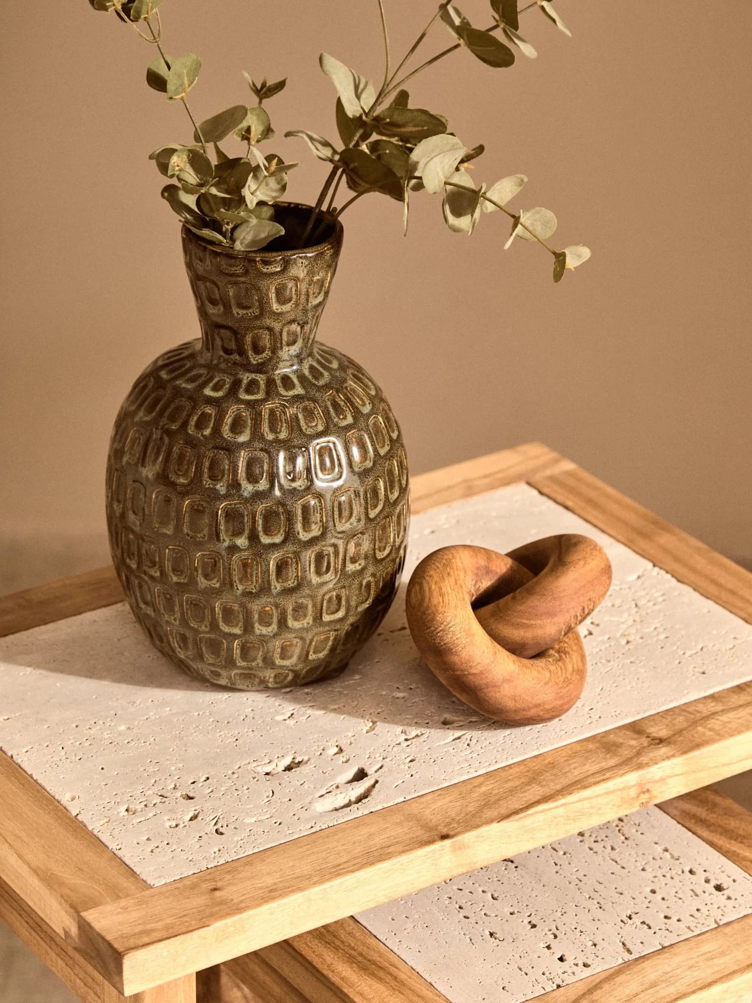 Womad Small Set Of 2 Wooden Side Tables With Travertine Tops - Tables, photo 5 of 8