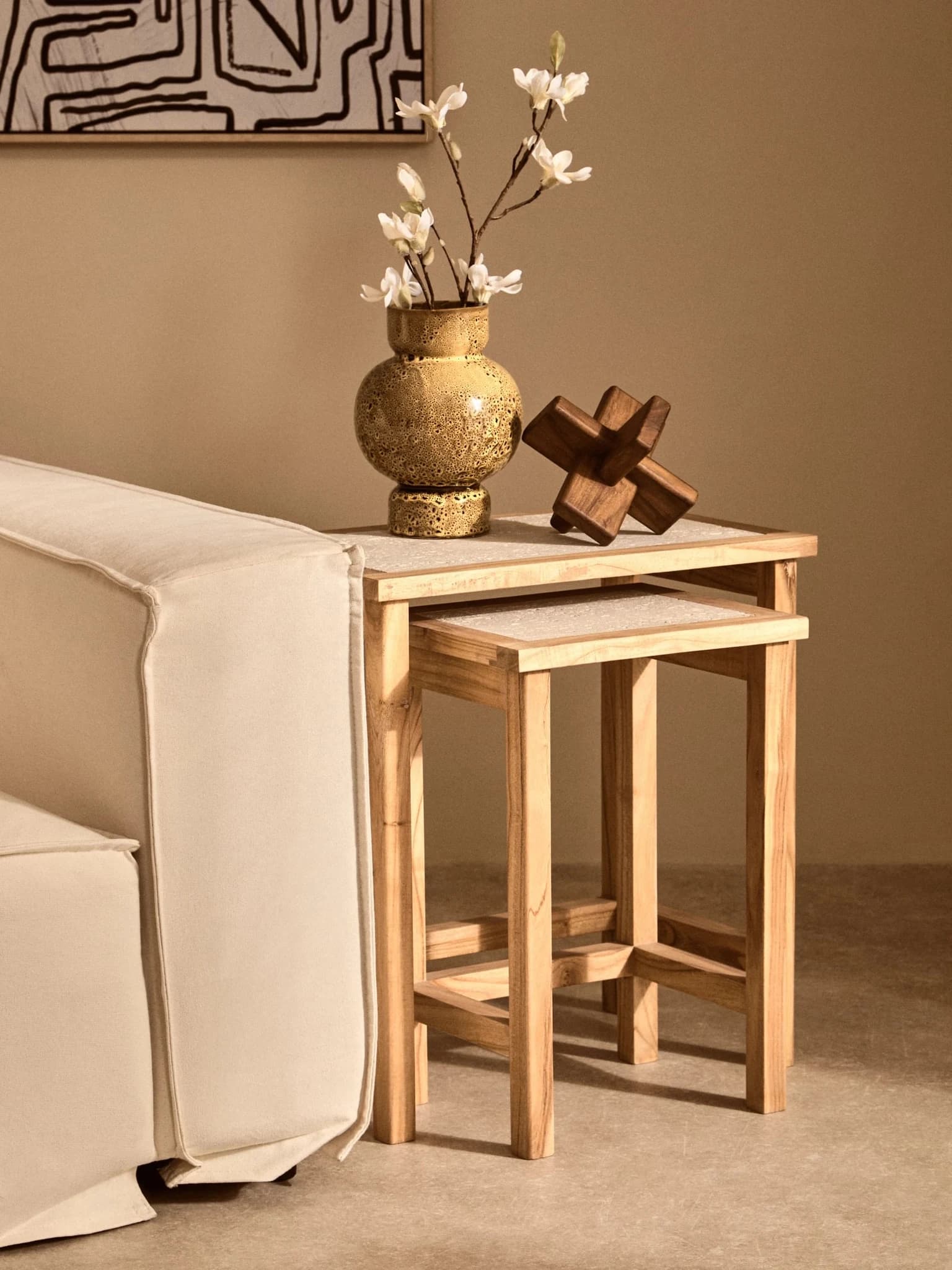 Womad Large Set Of 2 Wooden Side Tables With Travertine Tops - Tables, photo 5 of 8