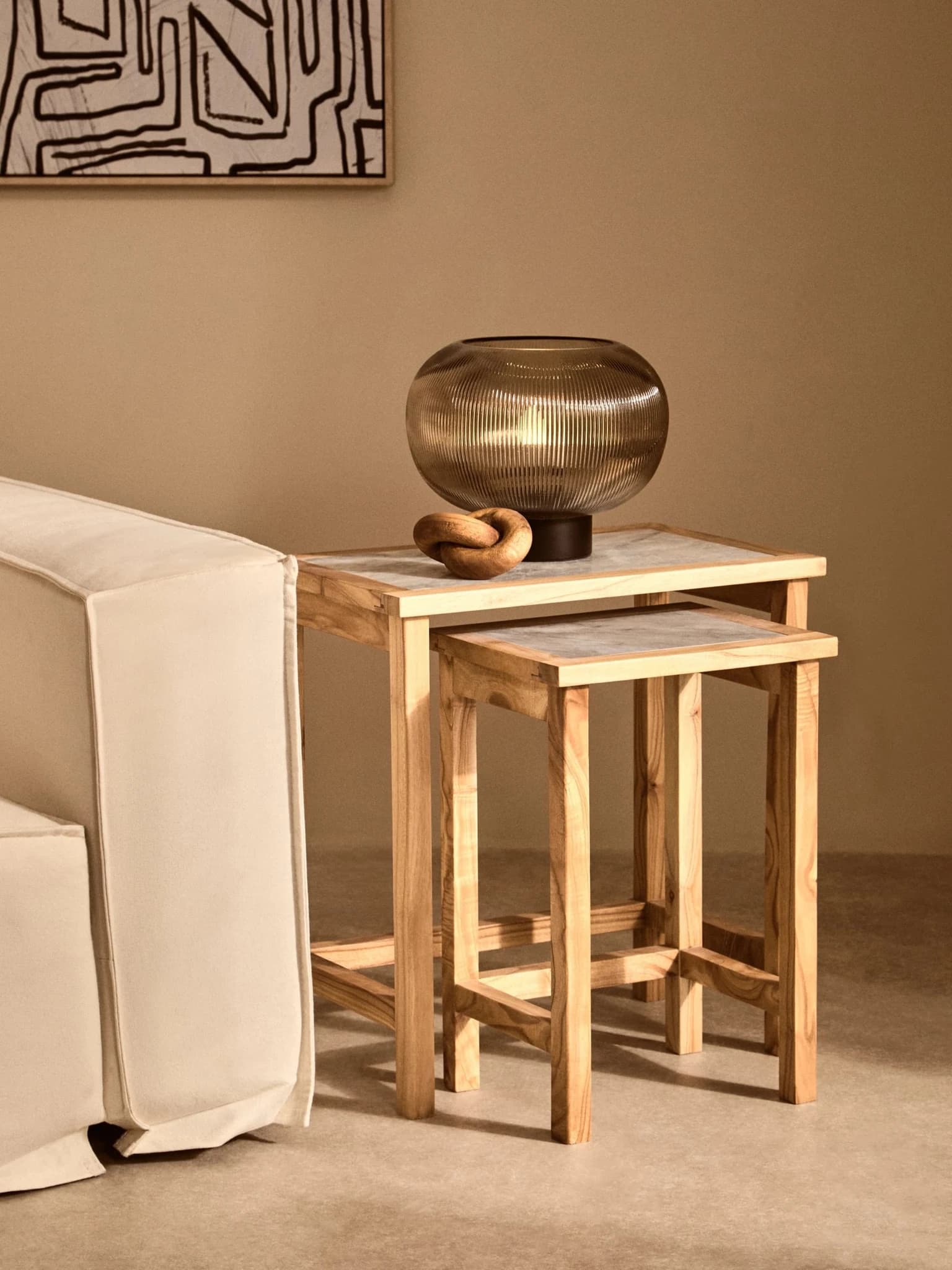 Womad Large Set Of 2 Wooden Side Tables With White Marble Tops - Tables, photo 5 of 8