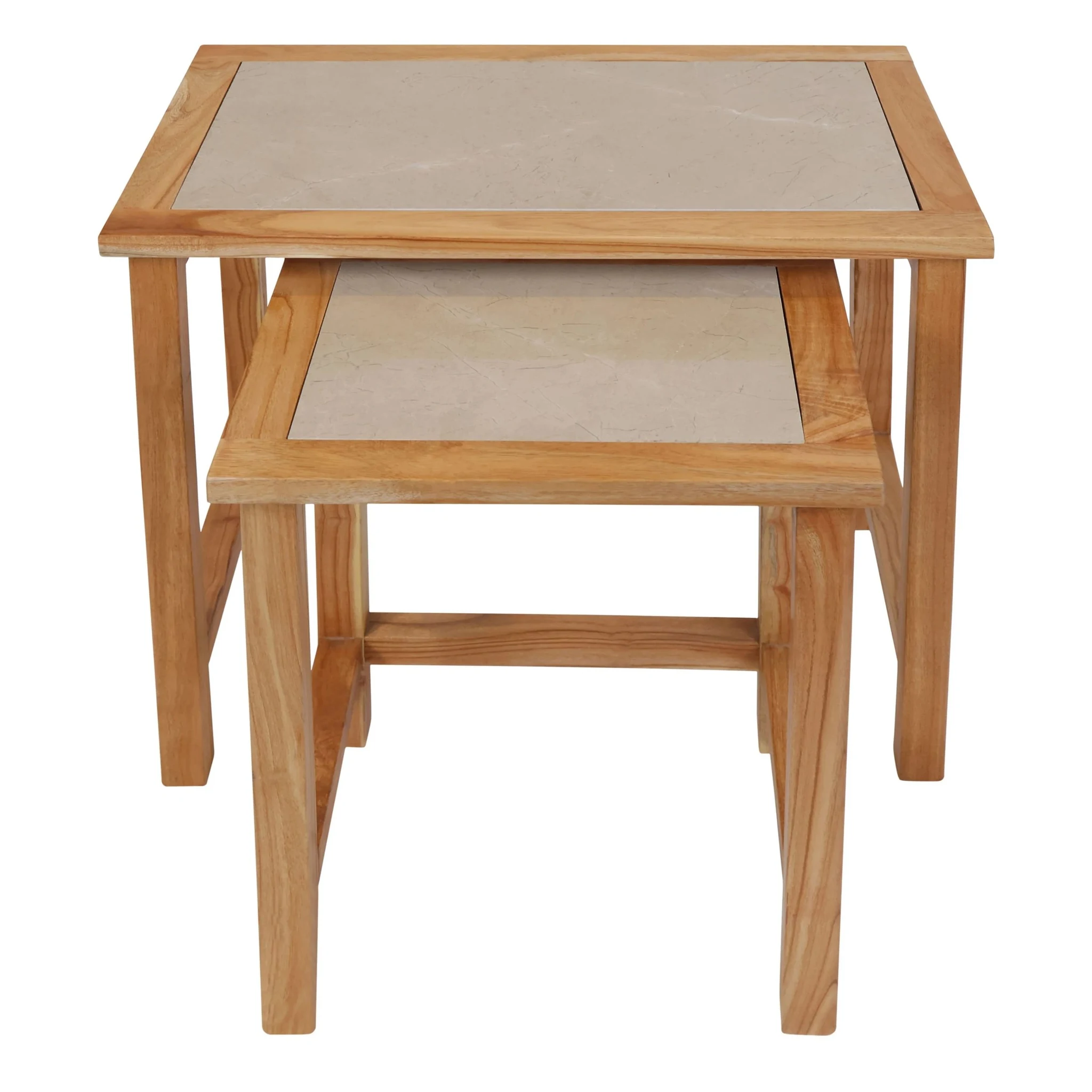 Womad Large Set Of 2 Wooden Side Tables With Cream Marble Tops - Tables, photo 5 of 8