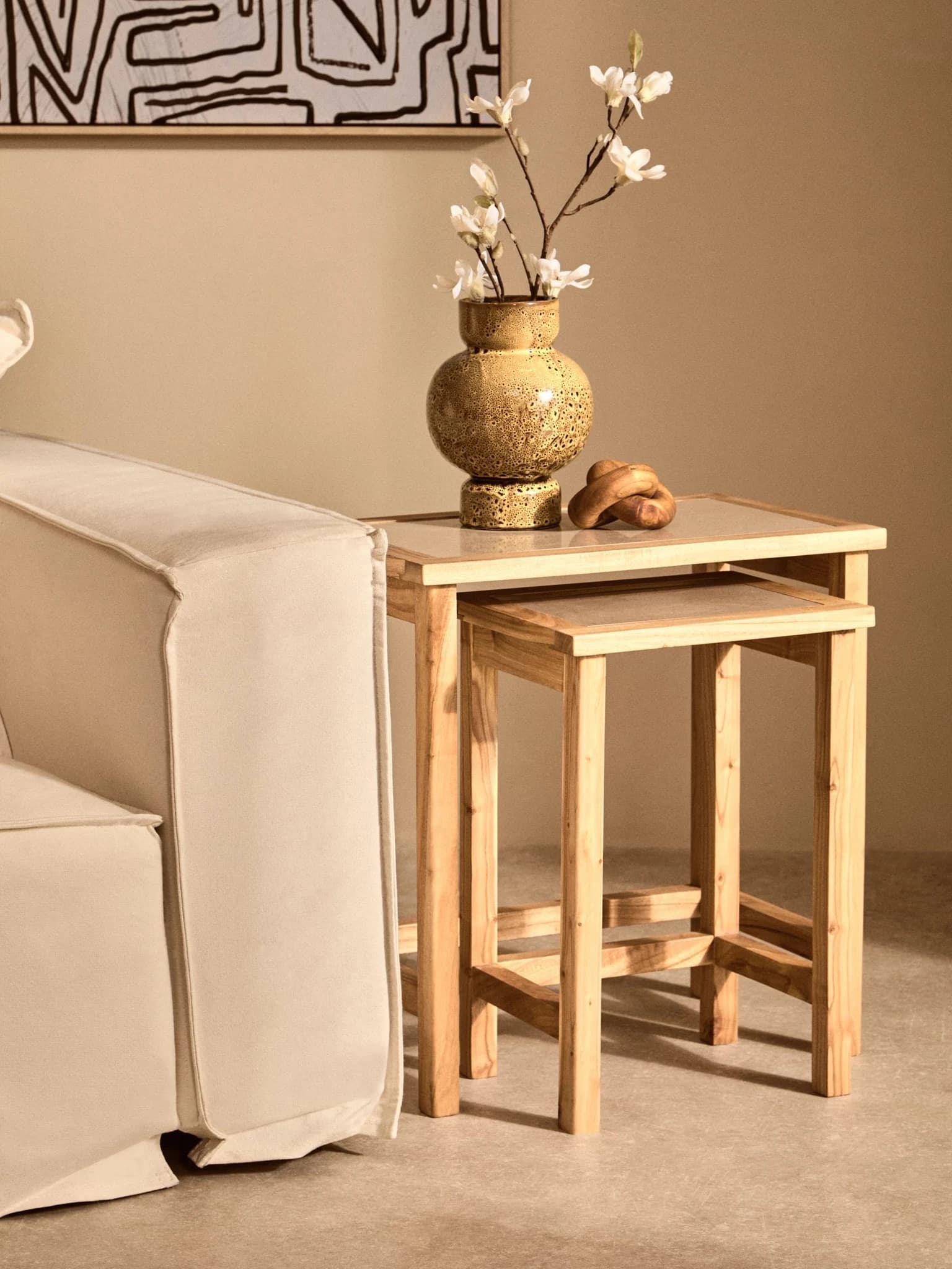 Womad Large Set Of 2 Wooden Side Tables With Cream Marble Tops - Tables, photo 4 of 8
