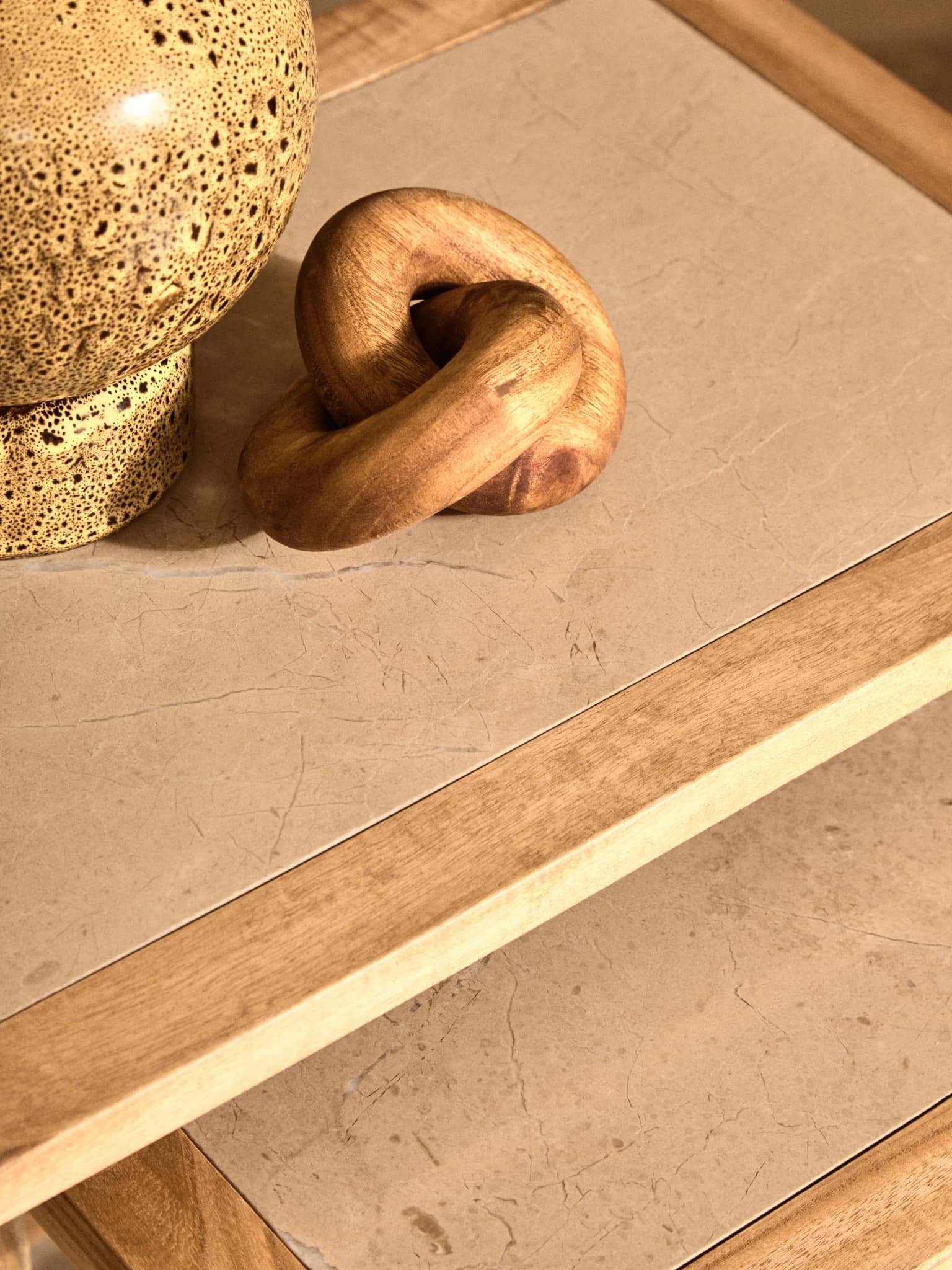 Womad Large Set Of 2 Wooden Side Tables With Cream Marble Tops - Tables, photo 2 of 8
