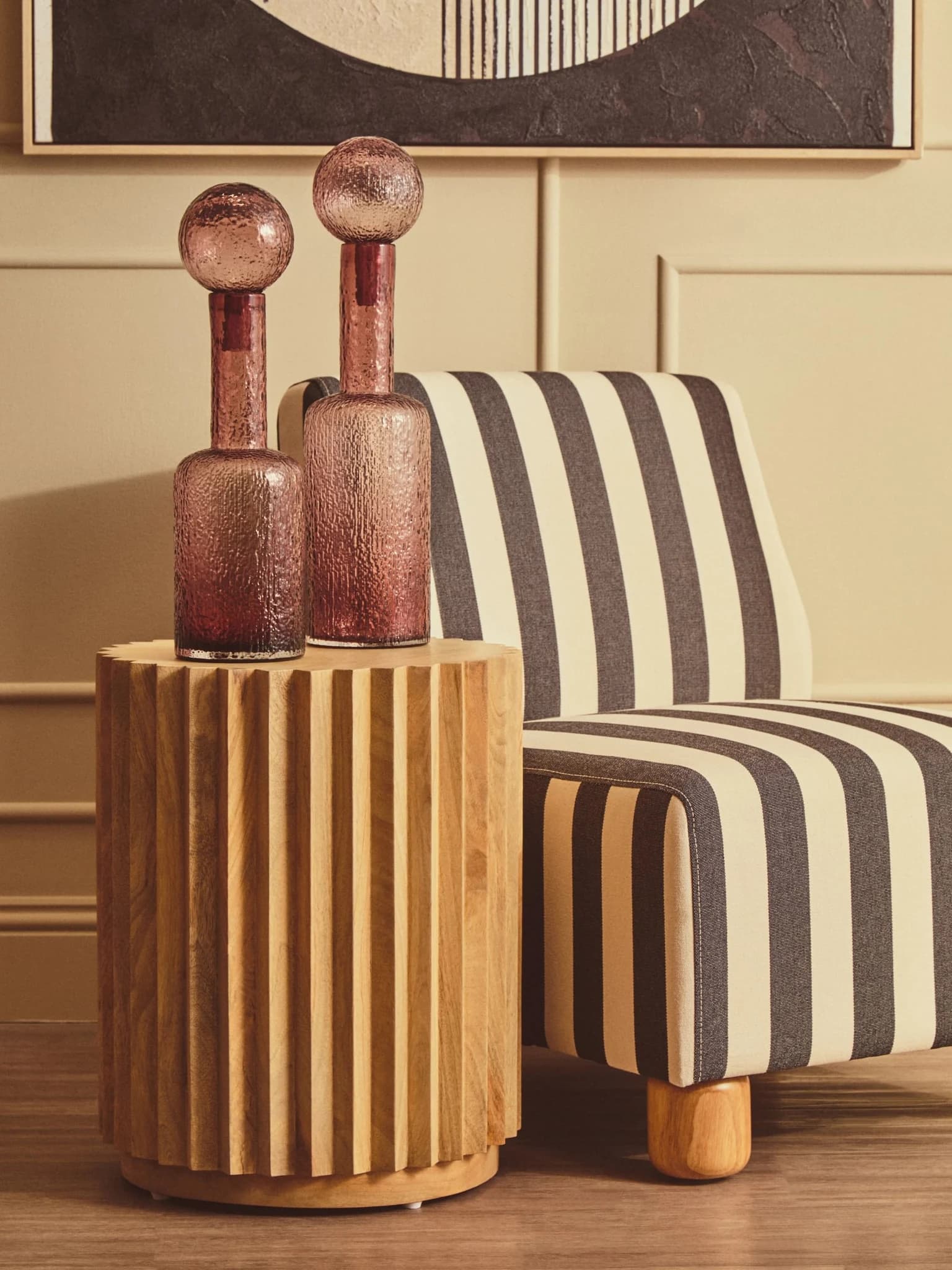 Barto Round Mango Wood Carved Ridged Side Table and Stool - Seating, photo 3 of 8
