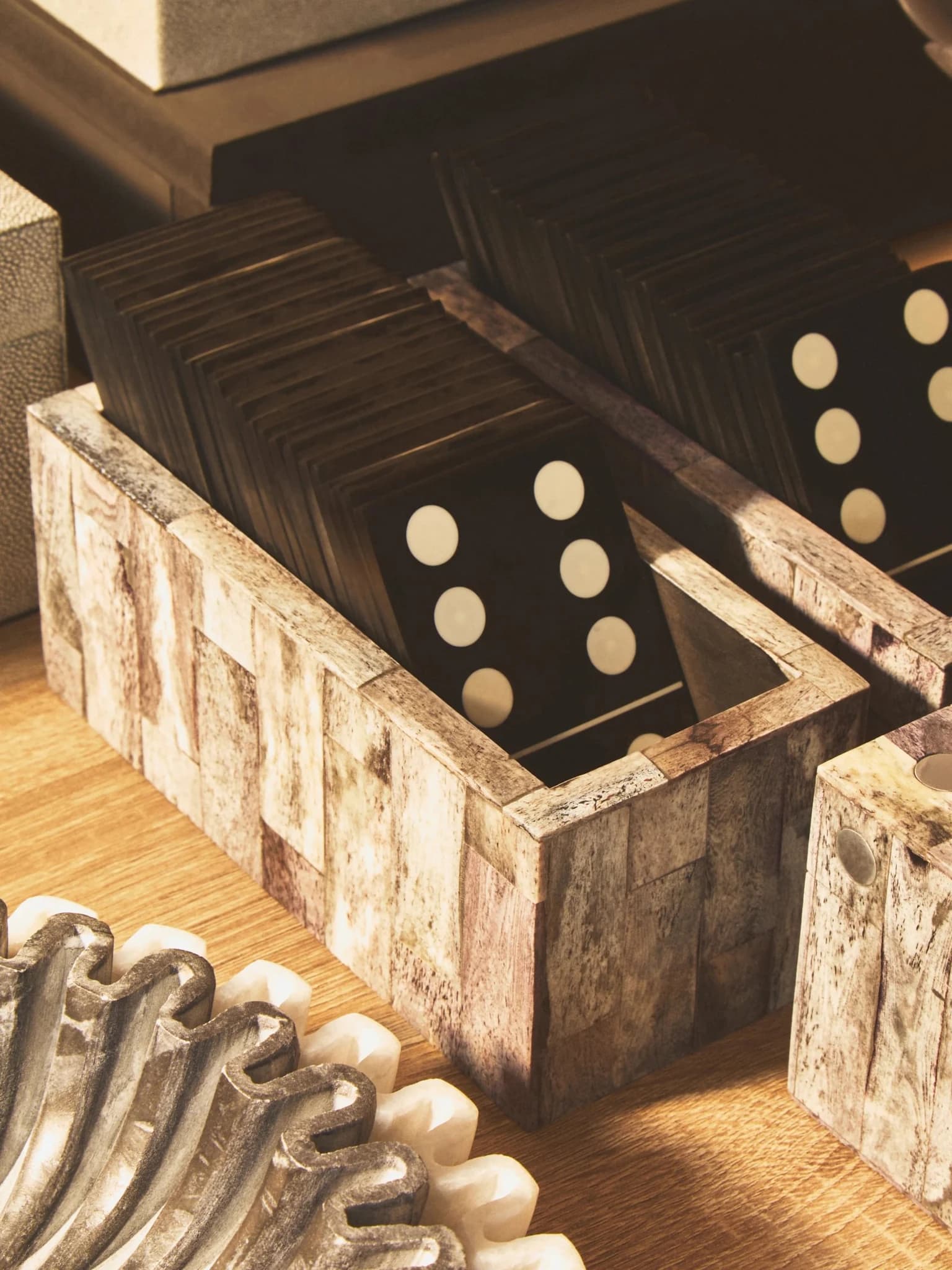 Churchill Games Grey Bone Domino Set with Black Dominoes - Decorative, photo 3 of 8