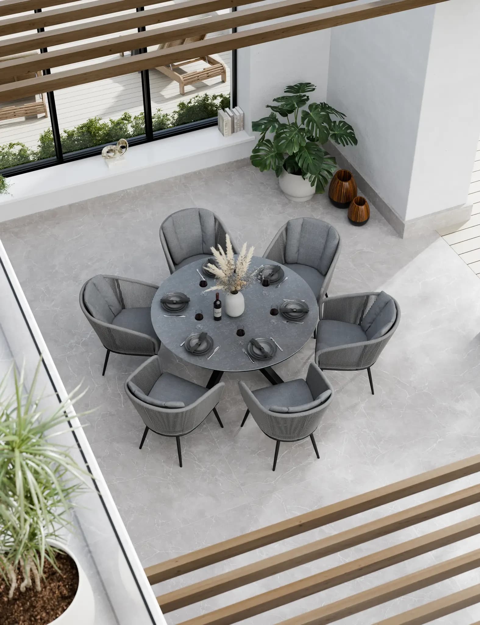 Aspen 6 Seater Round Ceramic Glass Dining Set with Aspen Rope Chairs - Outdoor, photo 2 of 5