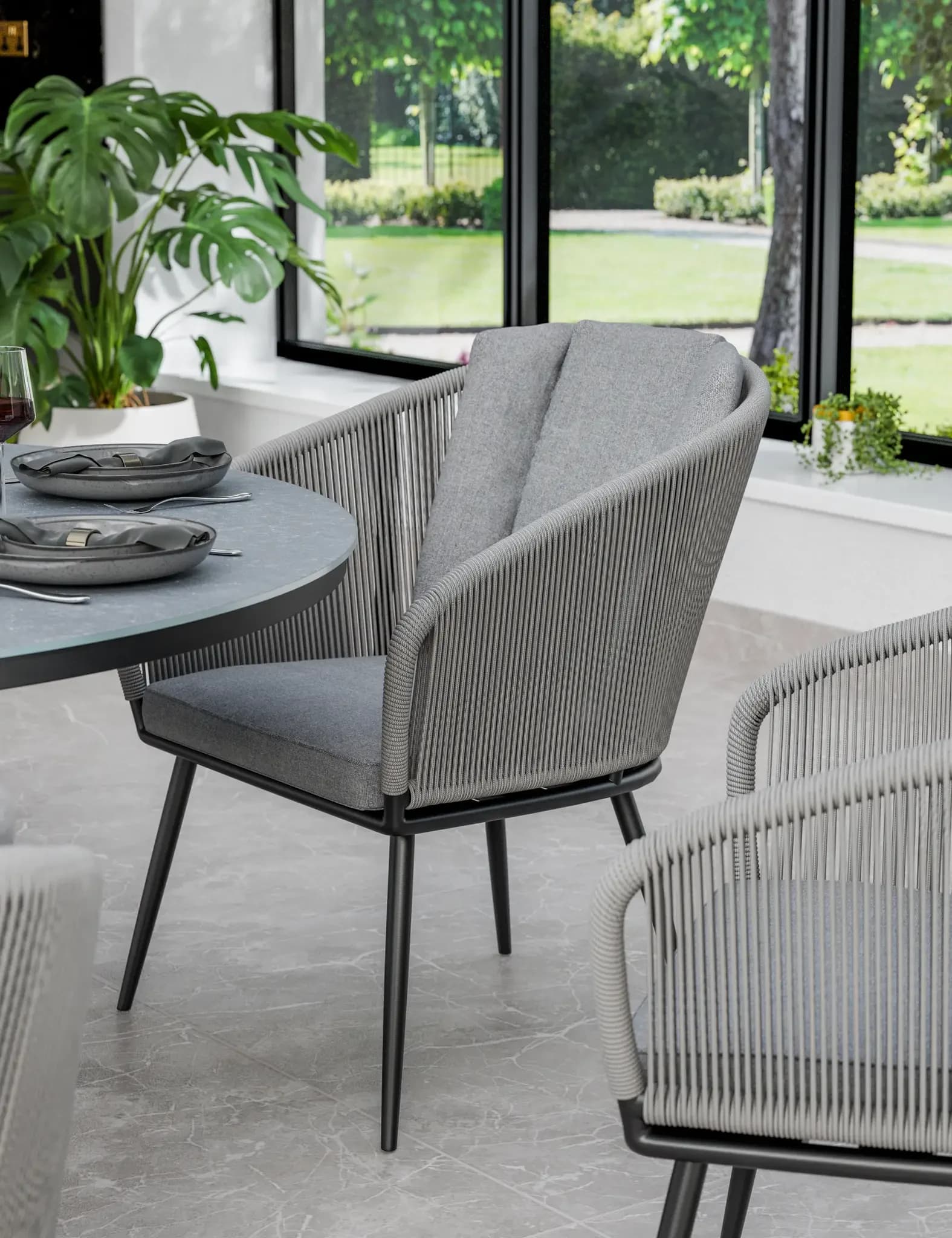 Aspen 6 Seater Round Ceramic Glass Dining Set with Aspen Rope Chairs - Outdoor, photo 3 of 5