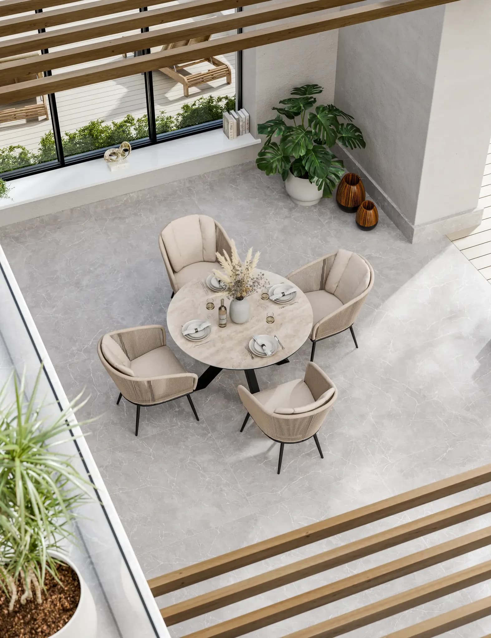 Bali 4 Seater Round Ceramic Glass Dining Set with Bali Rope Chairs - Outdoor, photo 2 of 5