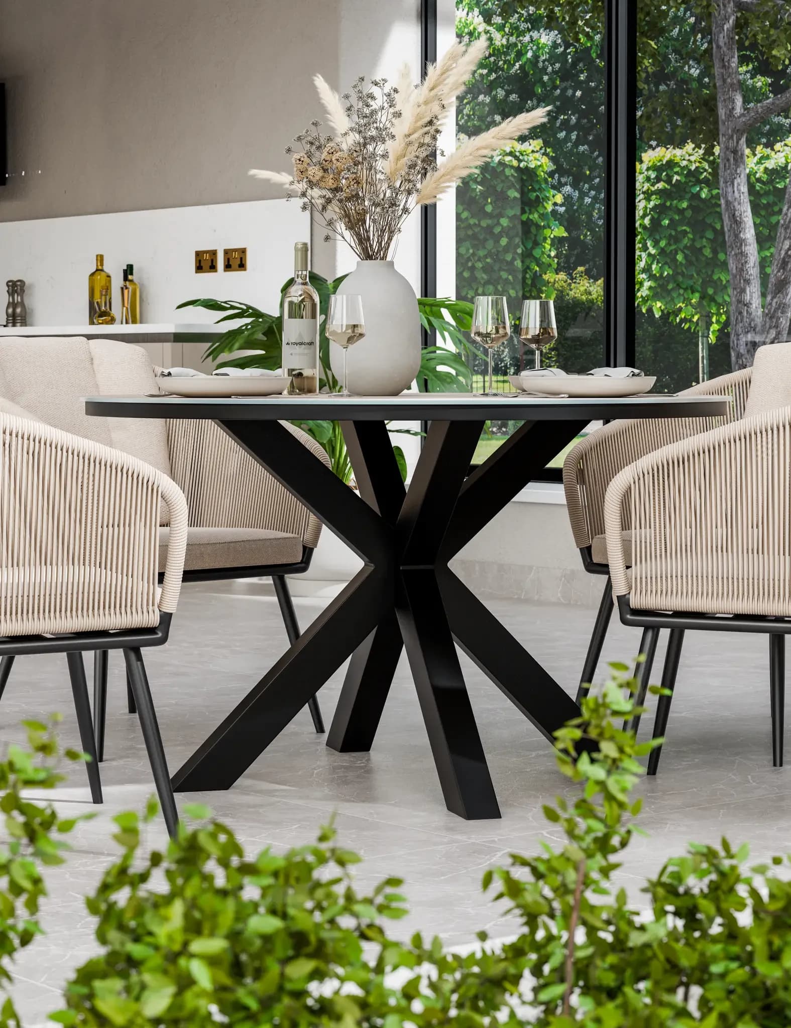 Bali 4 Seater Round Ceramic Glass Dining Set with Bali Rope Chairs - Outdoor, photo 4 of 5