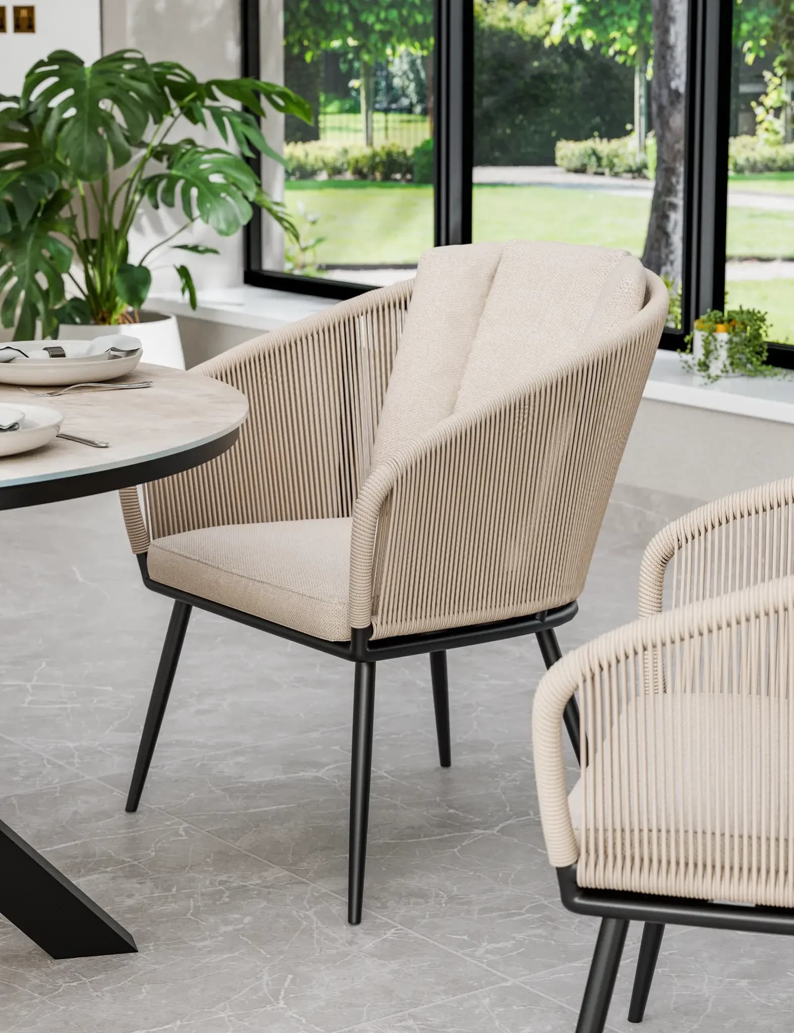 Bali 4 Seater Round Ceramic Glass Dining Set with Bali Rope Chairs - Outdoor, photo 3 of 5