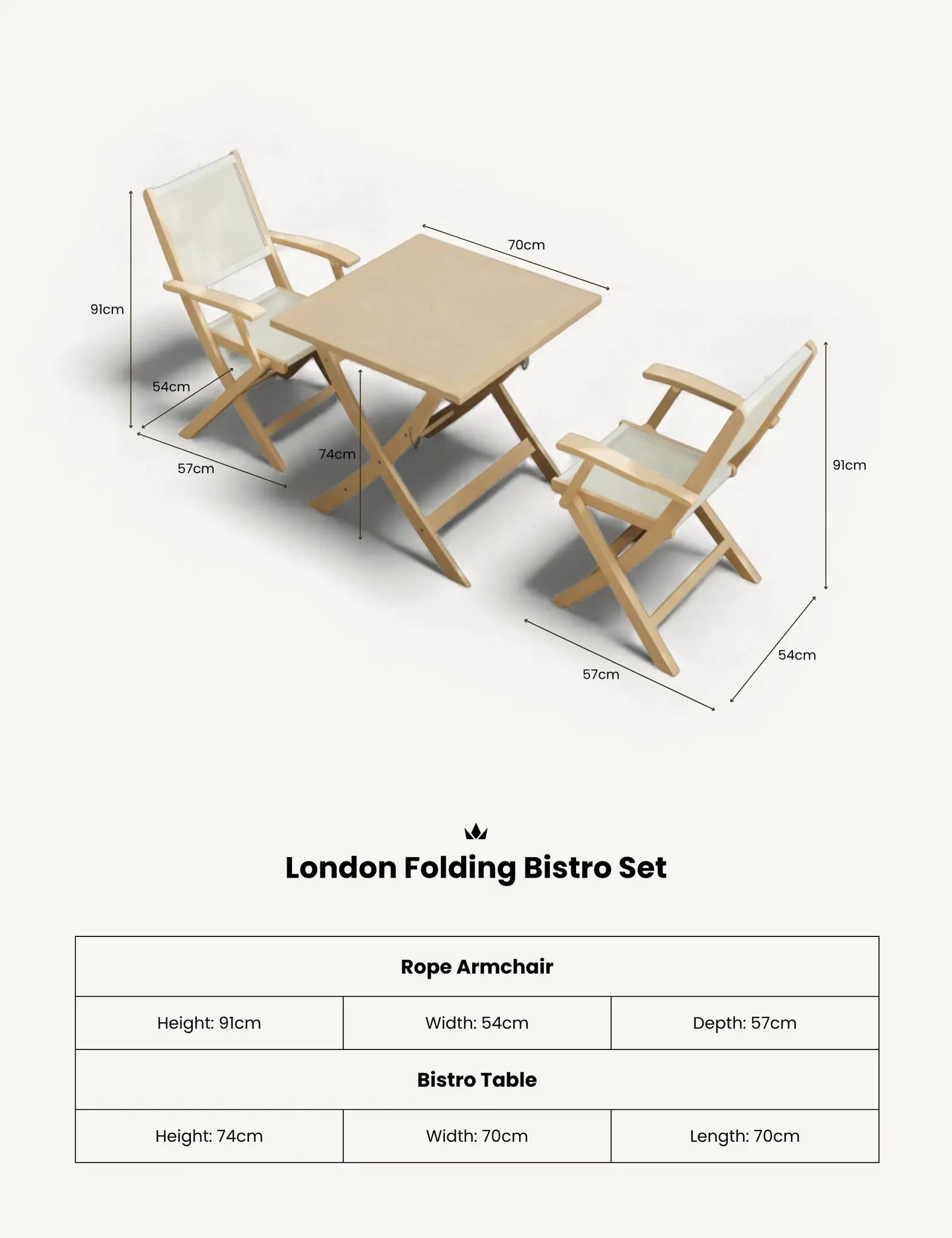 London 2 Seater Square Folding Bistro Set with London Rope Folding Armchairs - Outdoor, photo 3 of 6